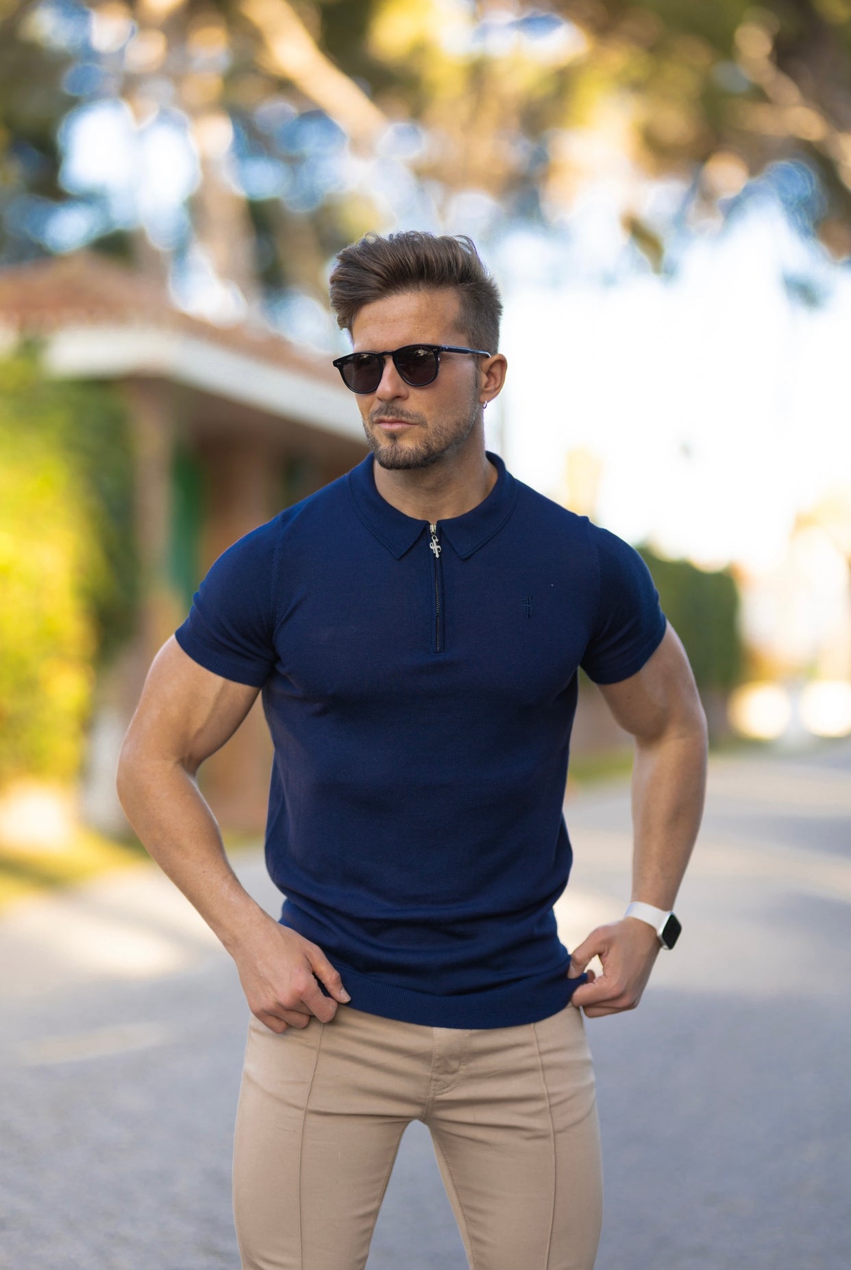 Classic Navy Merino Wool Knitted Zip Polo Short Sleeve Jumper With FS Embroidery- FSN027