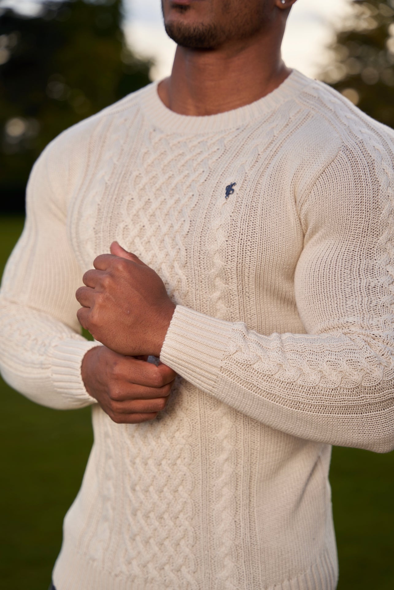 Oatmeal Knitted Cable Saddle Crew Super Slim Jumper With Metal Decal - FSN076