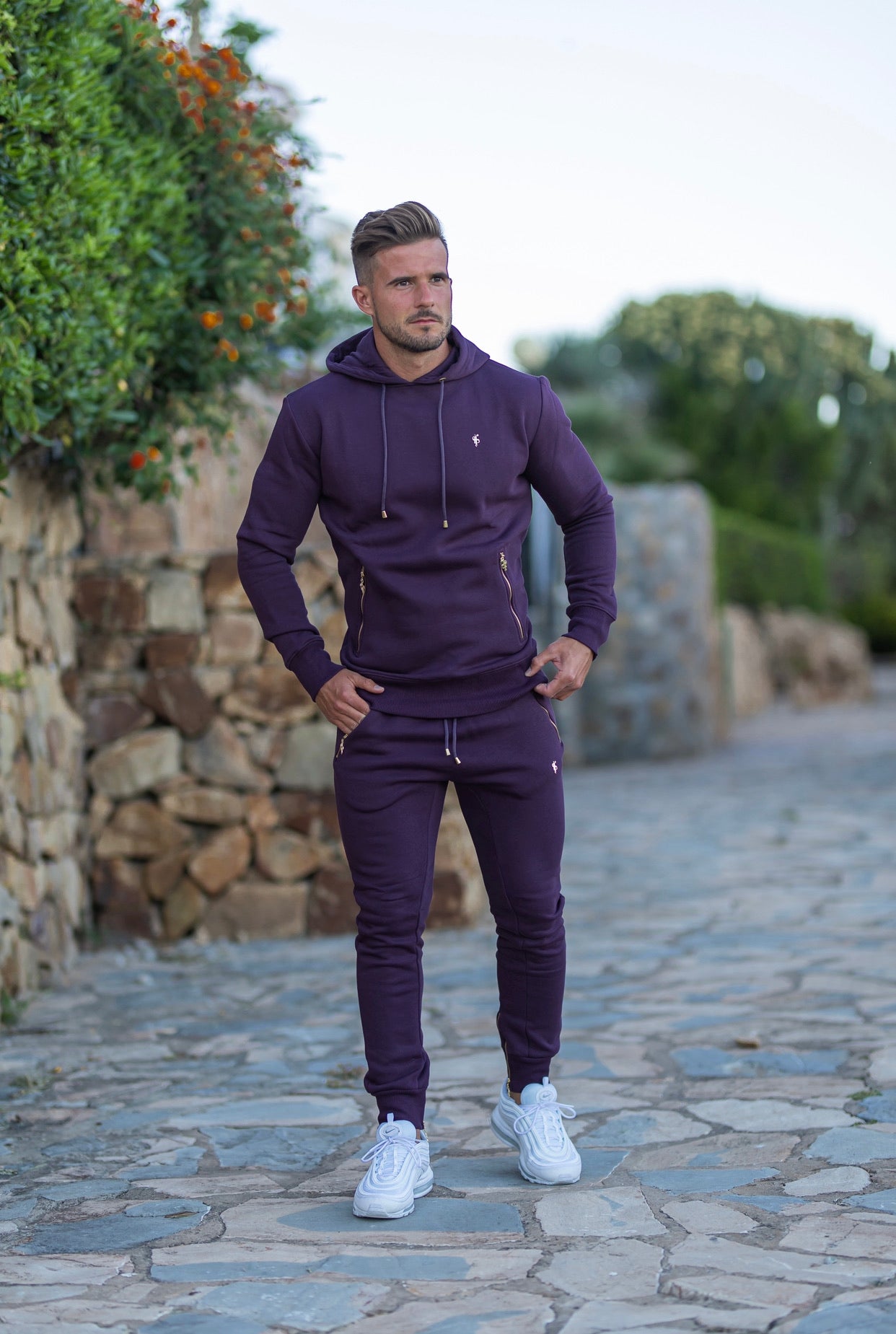 Plum / Purple & Gold Overhead Hoodie Top with Zipped Pockets - FSH485