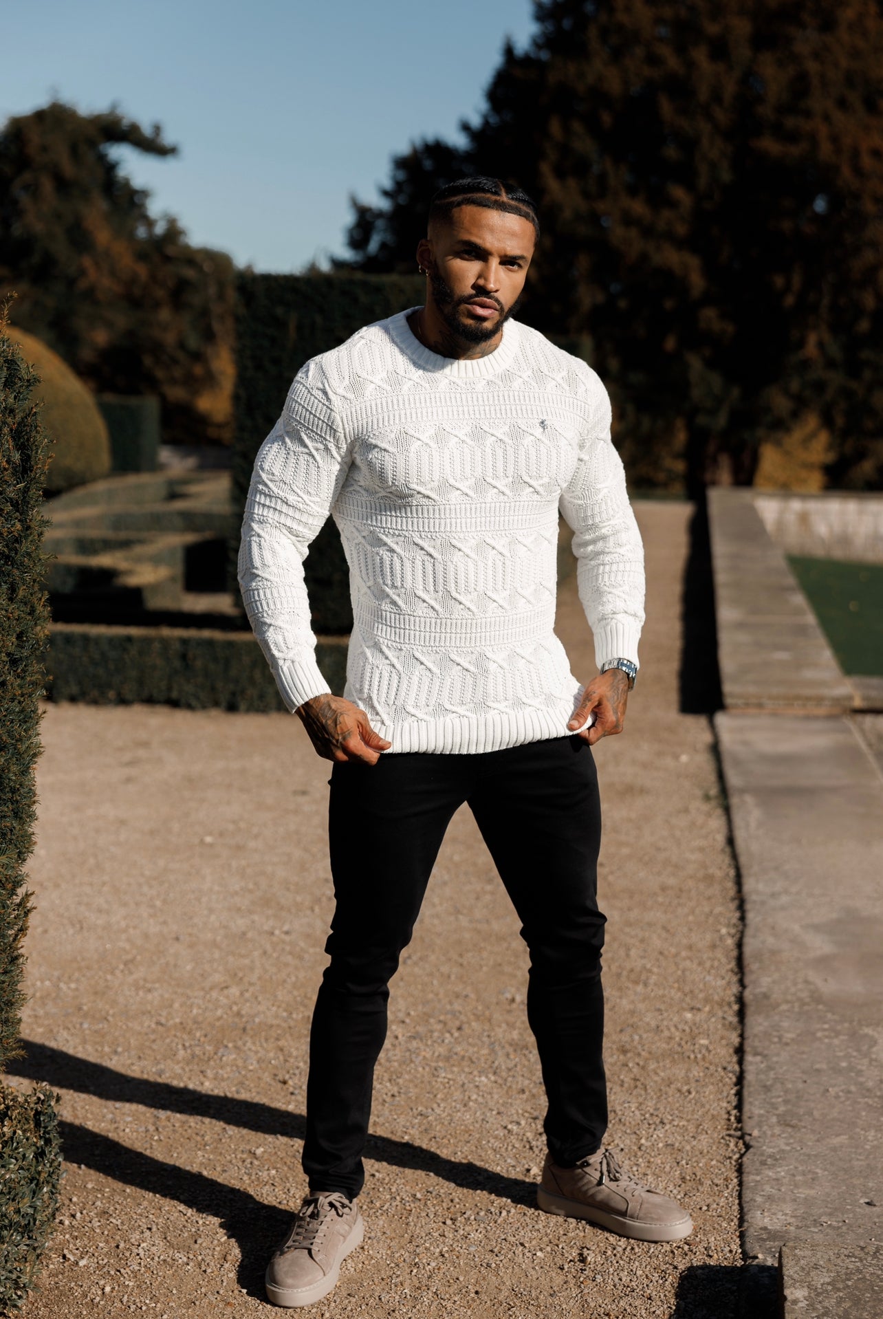 Off White Knitted Cable Link Crew Super Slim Jumper With Metal Decal - FSN070