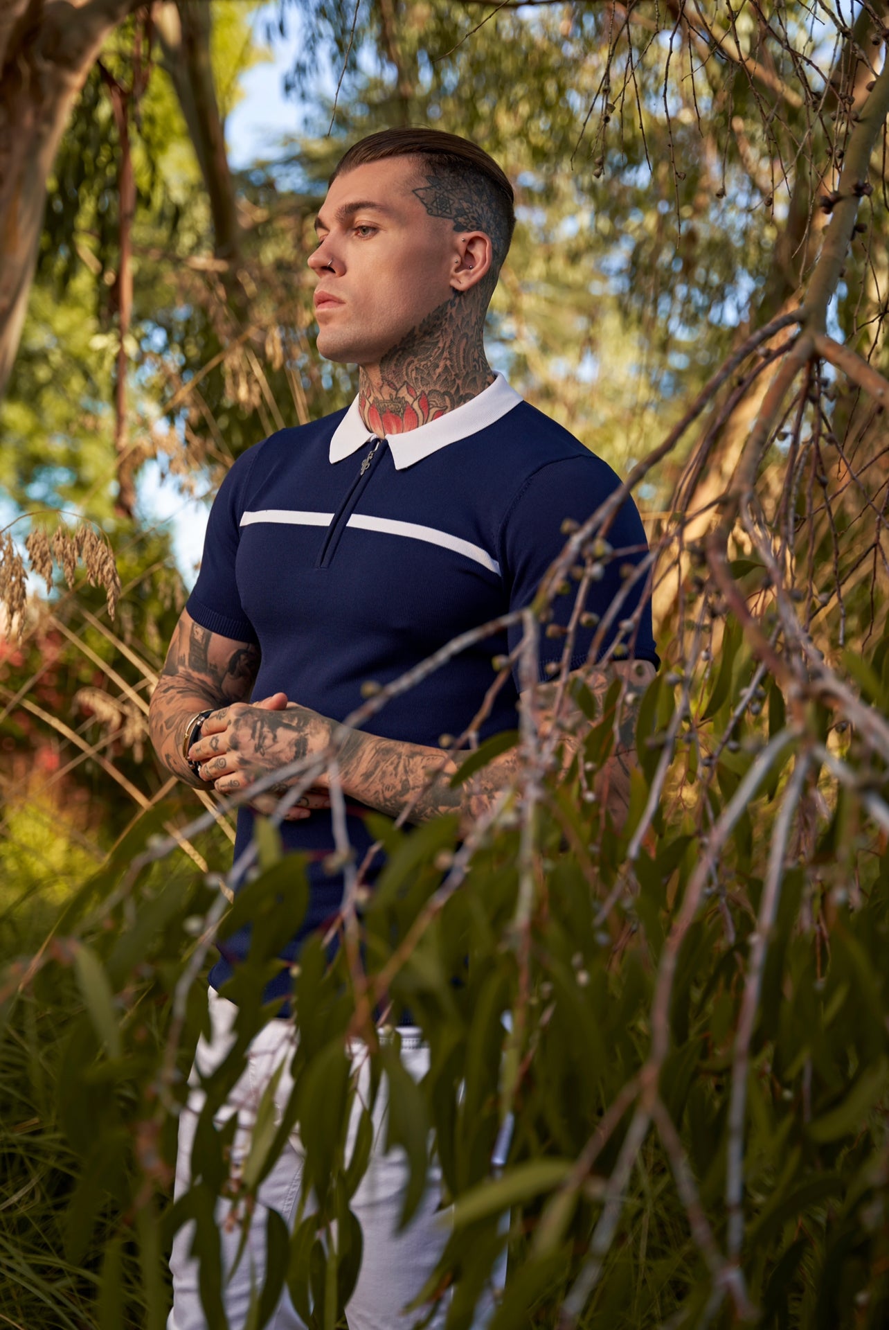 Classic Navy / White Horizontal Stripe Zipped Polo Short Sleeve - FSN039