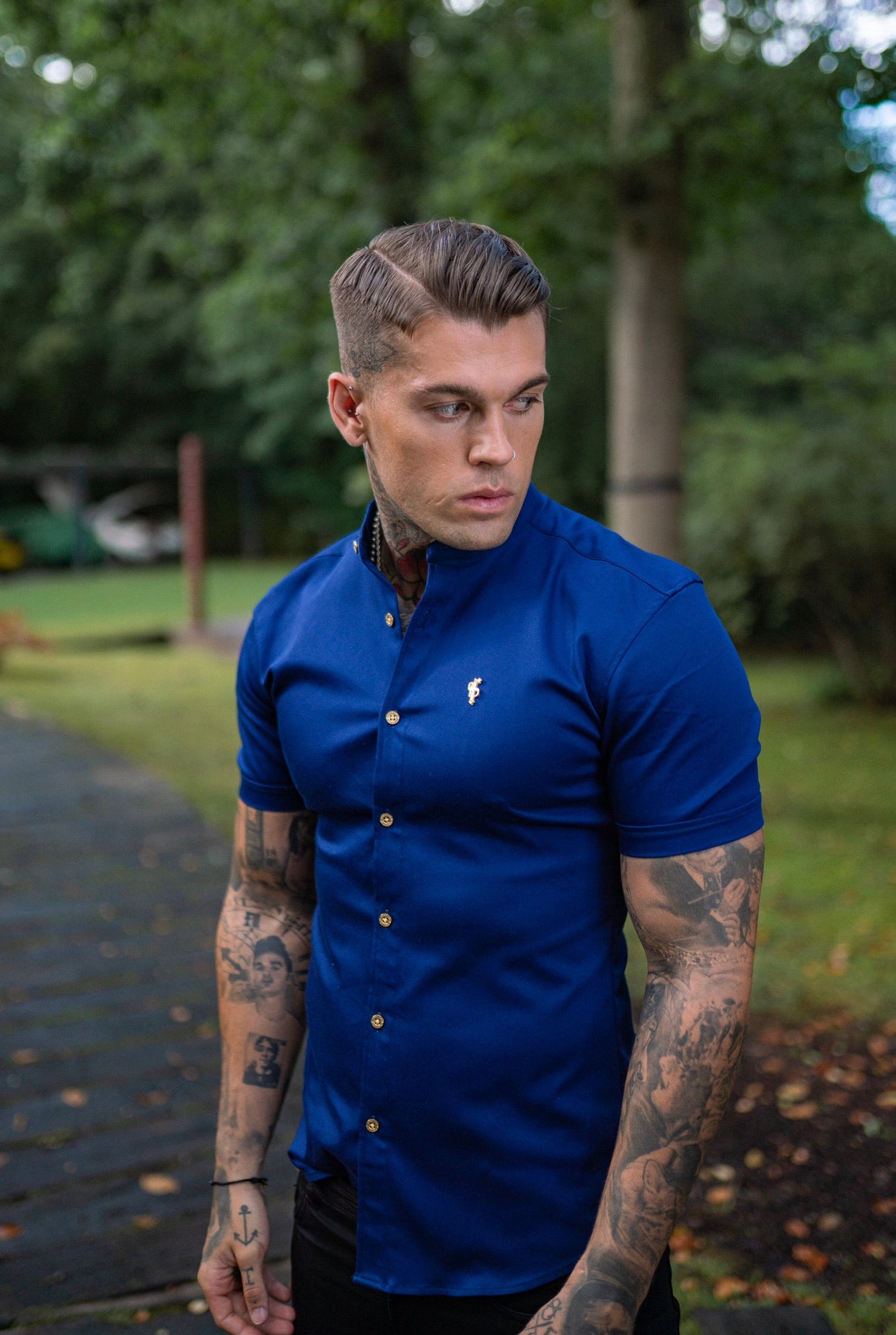 Super Slim Stretch Navy Denim Short Sleeve Grandad collar with Metal Buttons and Decal Emblem - FS714