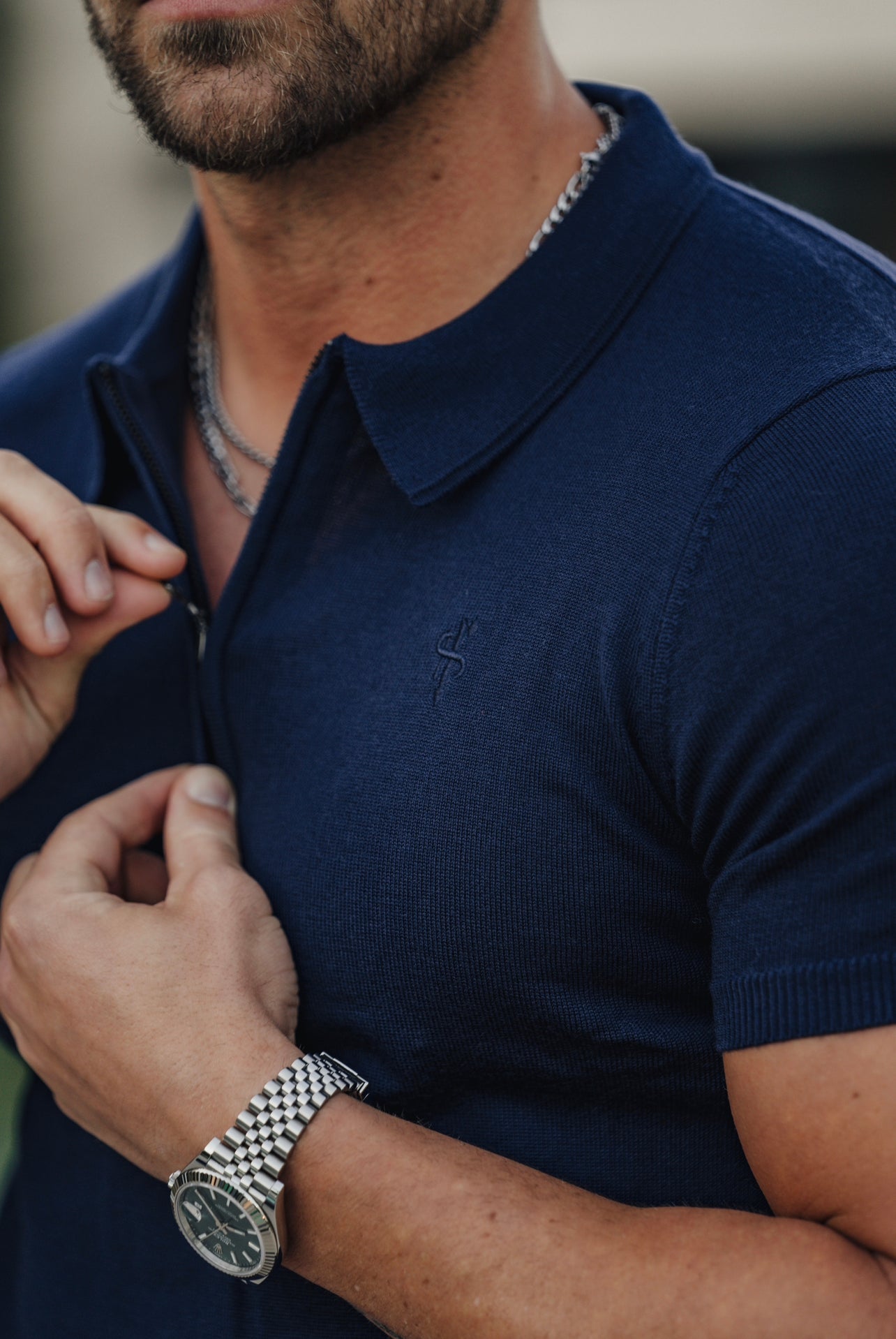 Classic Navy Merino Wool Knitted Zip Polo Short Sleeve Jumper With FS Embroidery- FSN027