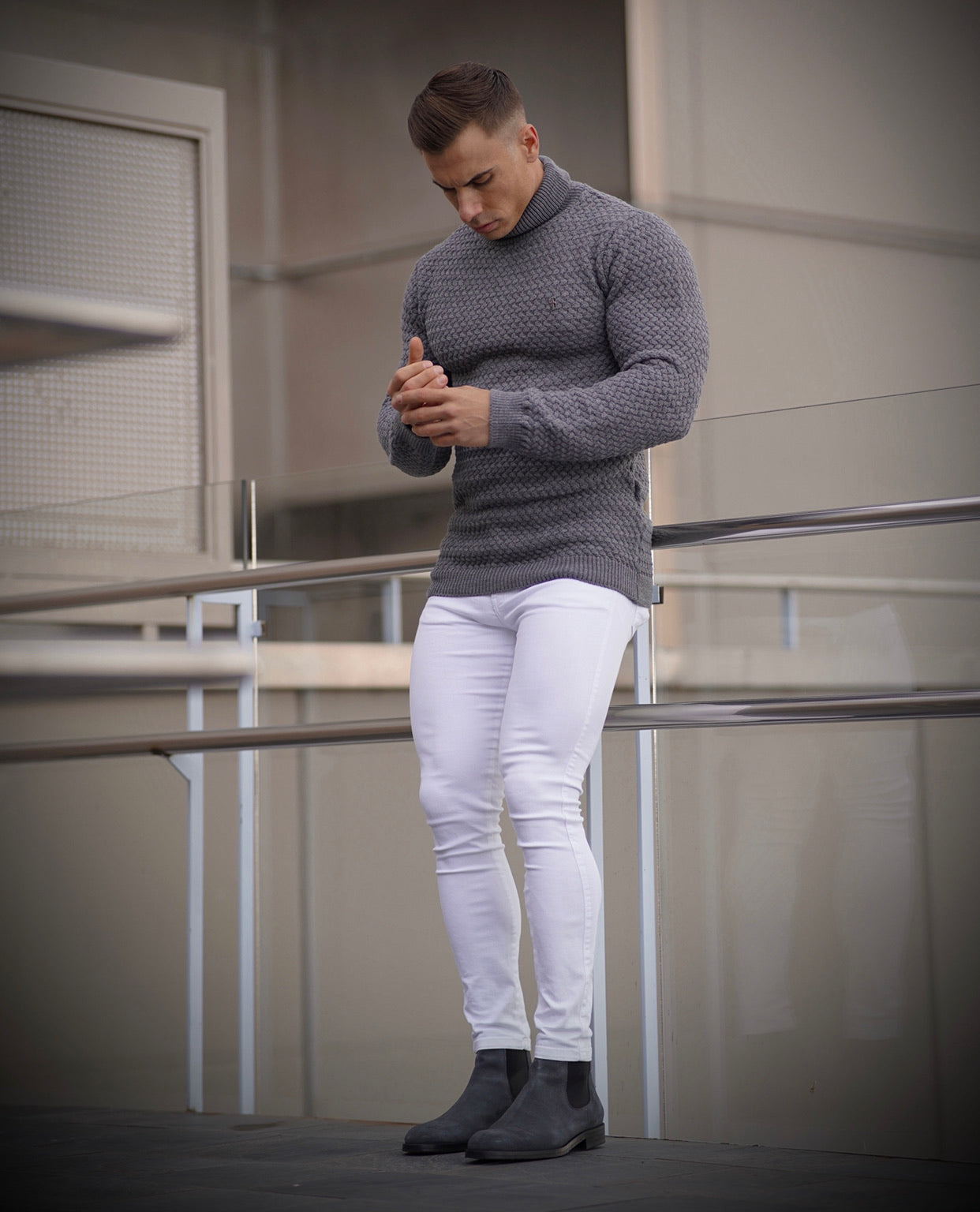 Charcoal Knitted Roll Neck Weave Super Slim Jumper With Metal Decal - FSJ027