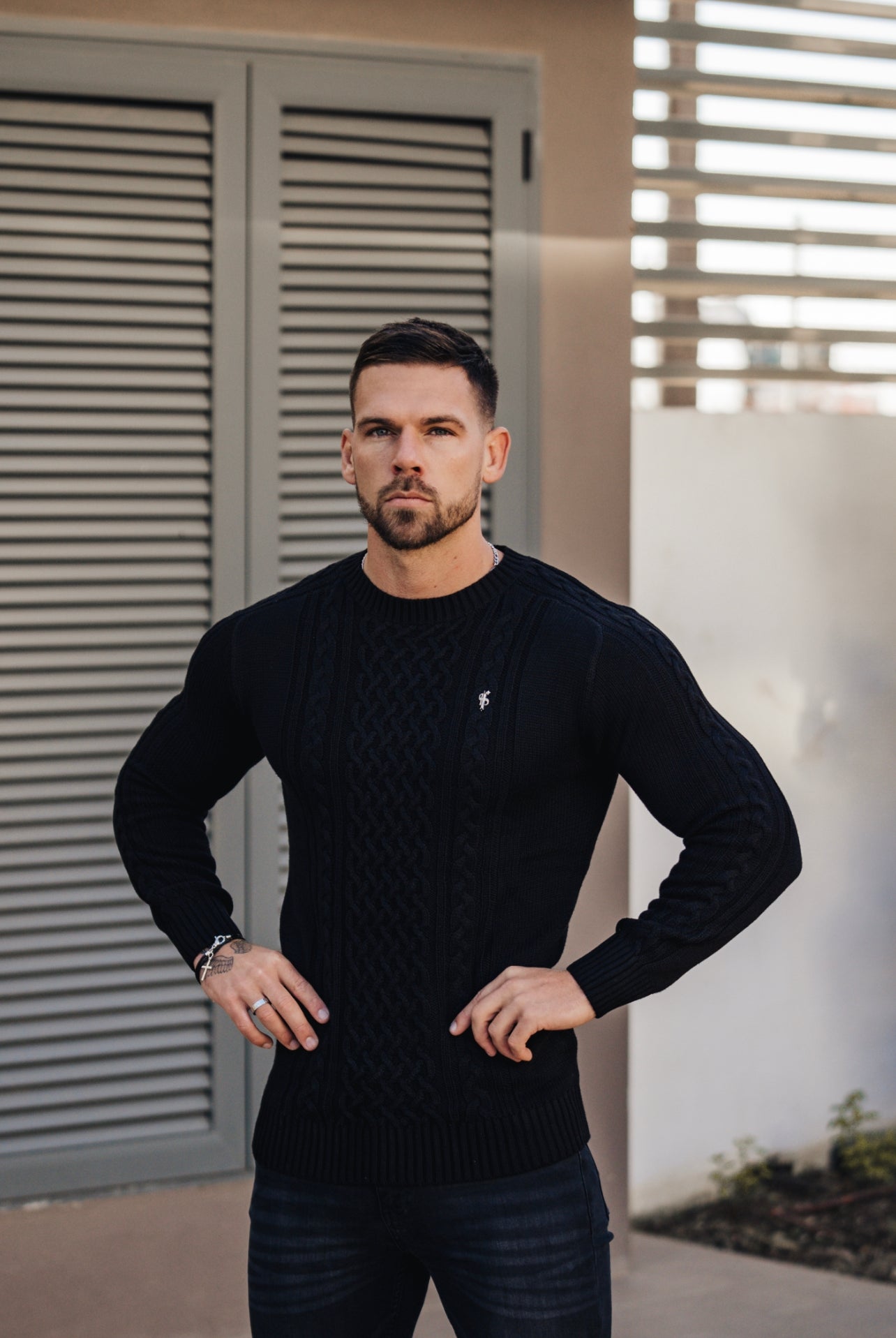 Black Knitted Cable Saddle Crew Super Slim Jumper With Metal Decal - FSN073