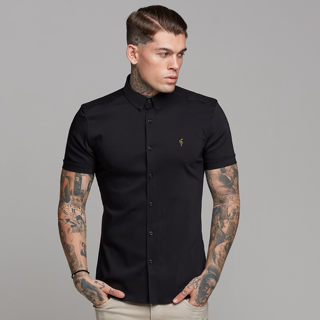 Super Slim Ultra Stretch Classic Black Short Sleeve (Khaki Embroidery) - FS481