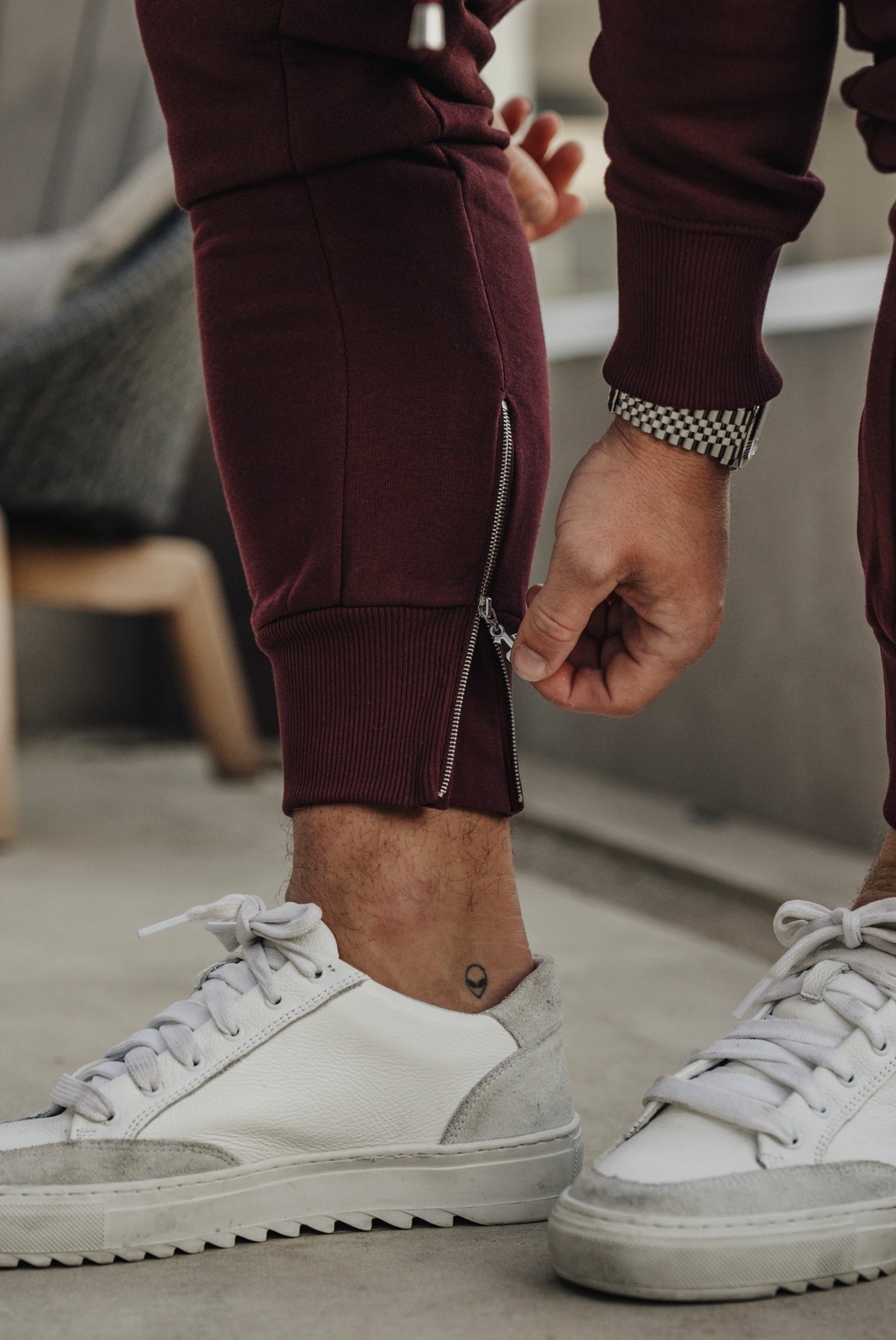 Burgundy / Silver Tapered Bottoms with Ankle Zip Detail - FSH798
