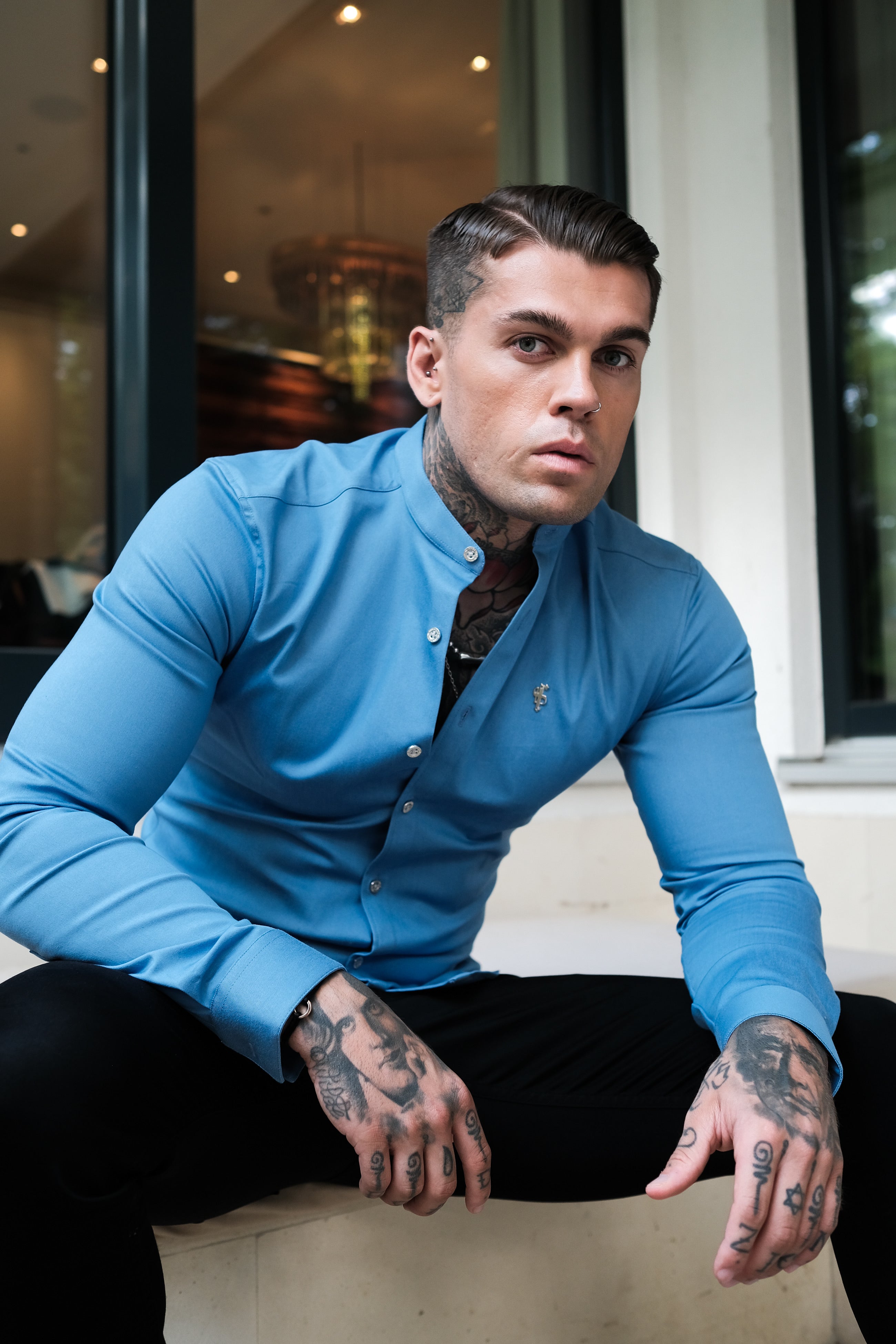 Super Slim Stretch Light Blue Denim Long Sleeve Grandad collar with Metal Buttons and Decal Emblem - FS717