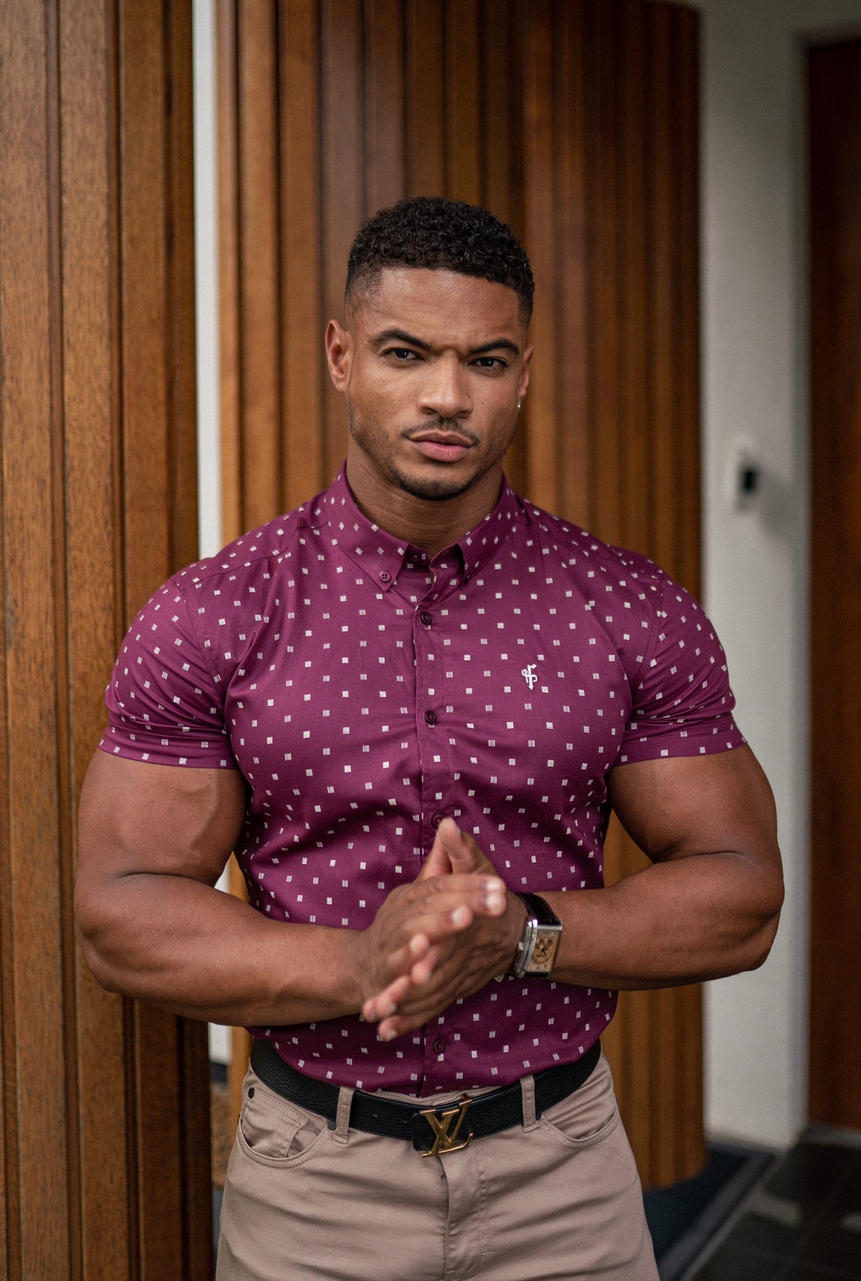super Slim Stretch Black & Off White Broken Square Print Short Sleeve