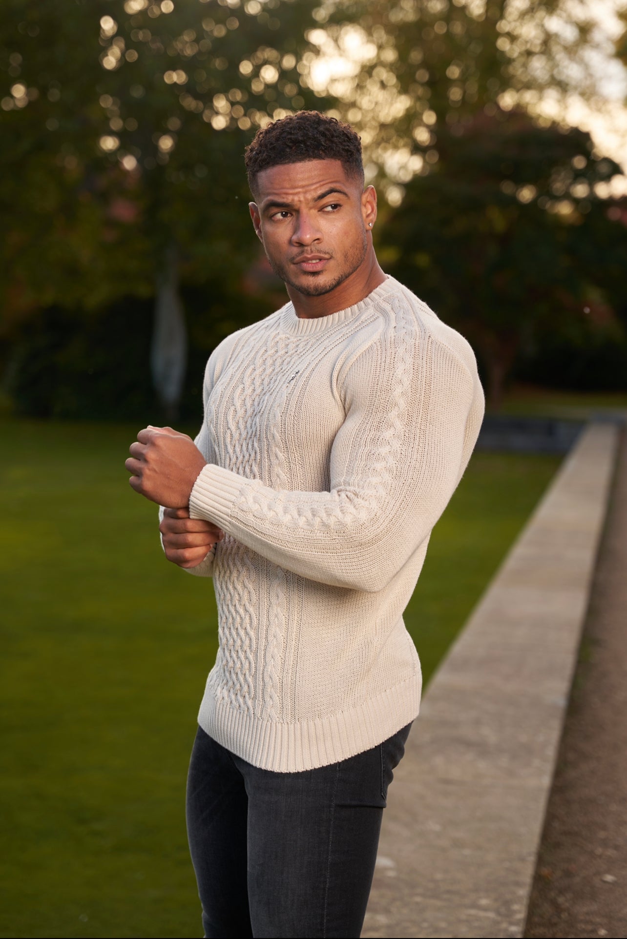Oatmeal Knitted Cable Saddle Crew Super Slim Jumper With Metal Decal - FSN076