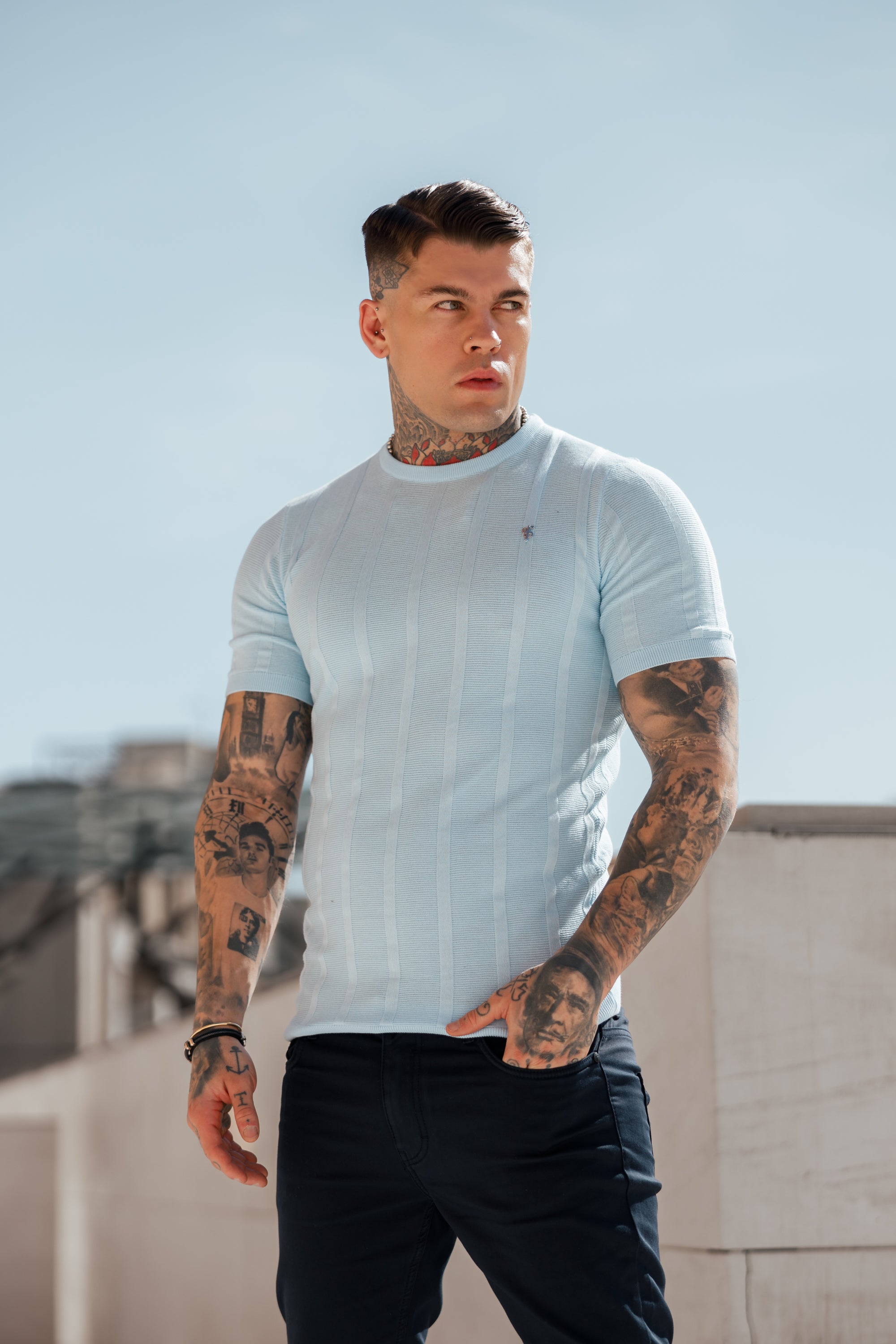 Classic Short Sleeve Baby Blue Knitted Wide Rib Crew with Silver Emblem - FSH739