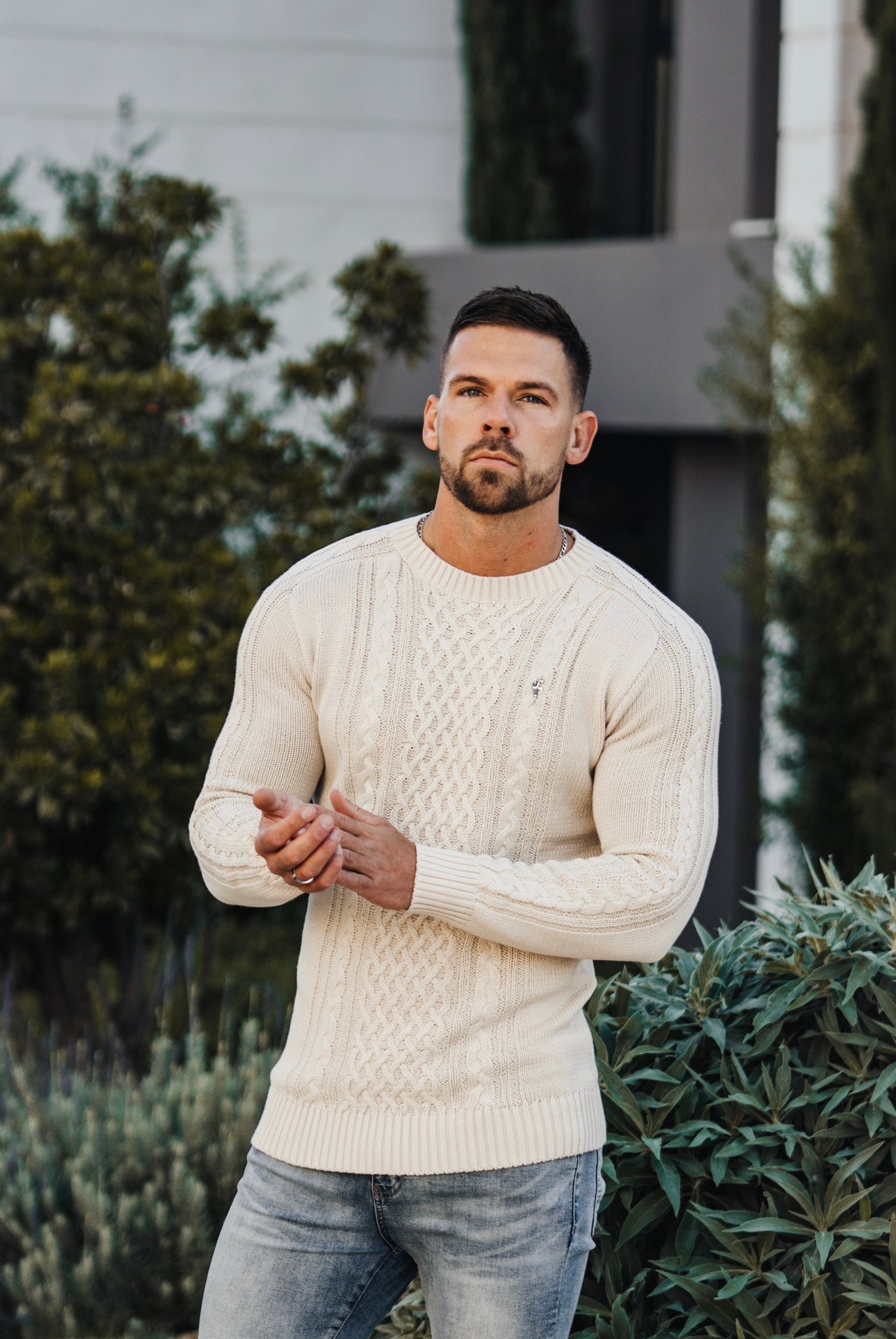 Oatmeal Knitted Cable Saddle Crew Super Slim Jumper With Metal Decal - FSN076