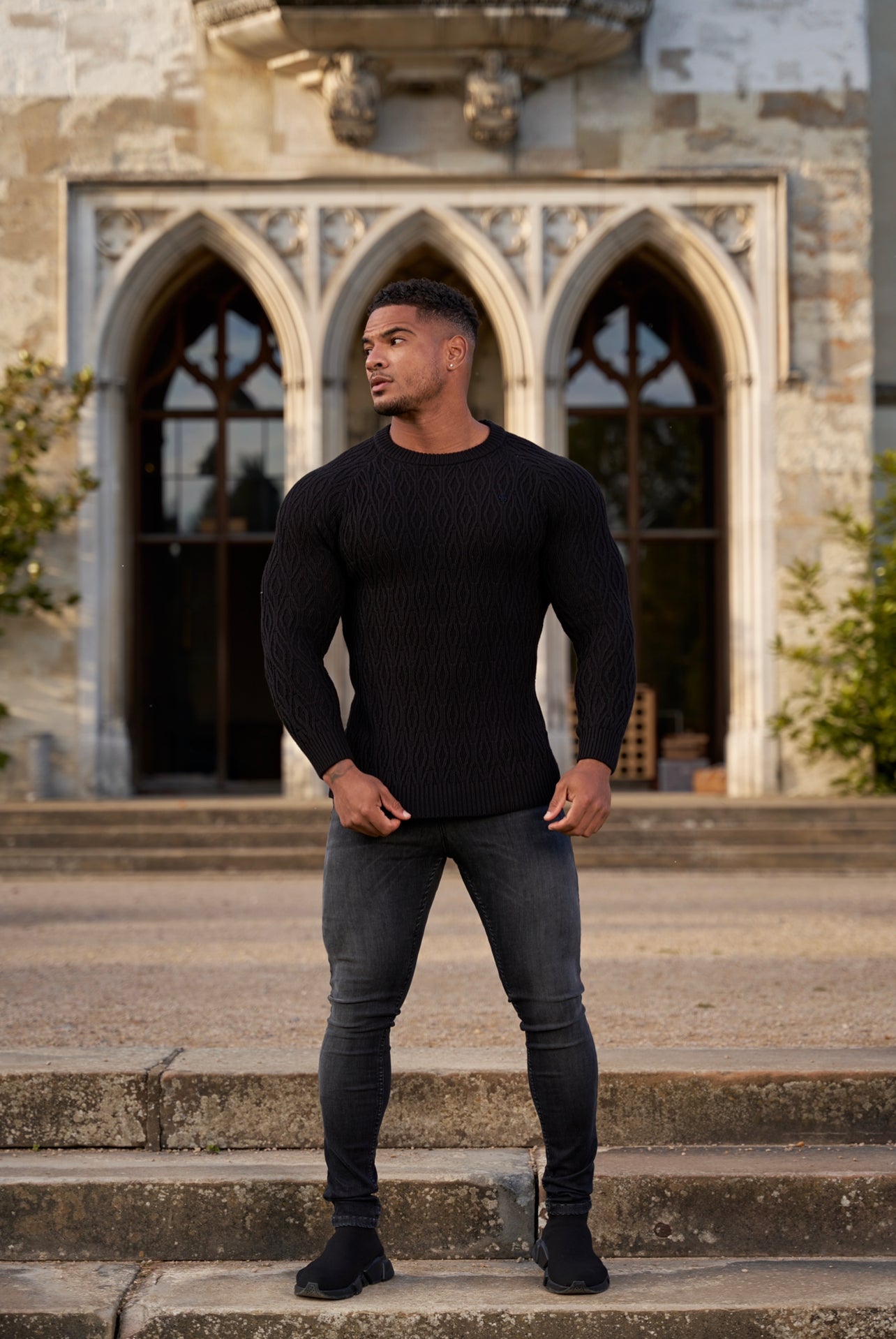 Black Knitted Elongated Diamond Crew Super Slim Raglan Jumper With Metal Decal - FSN051