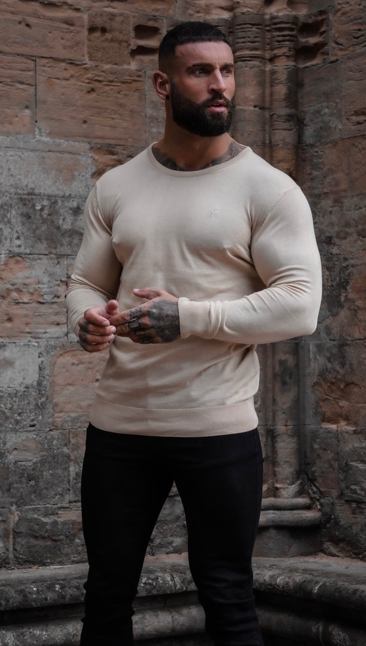Classic Beige Crew Neck Knitted Jumper with Tonal Emblem - FSH672