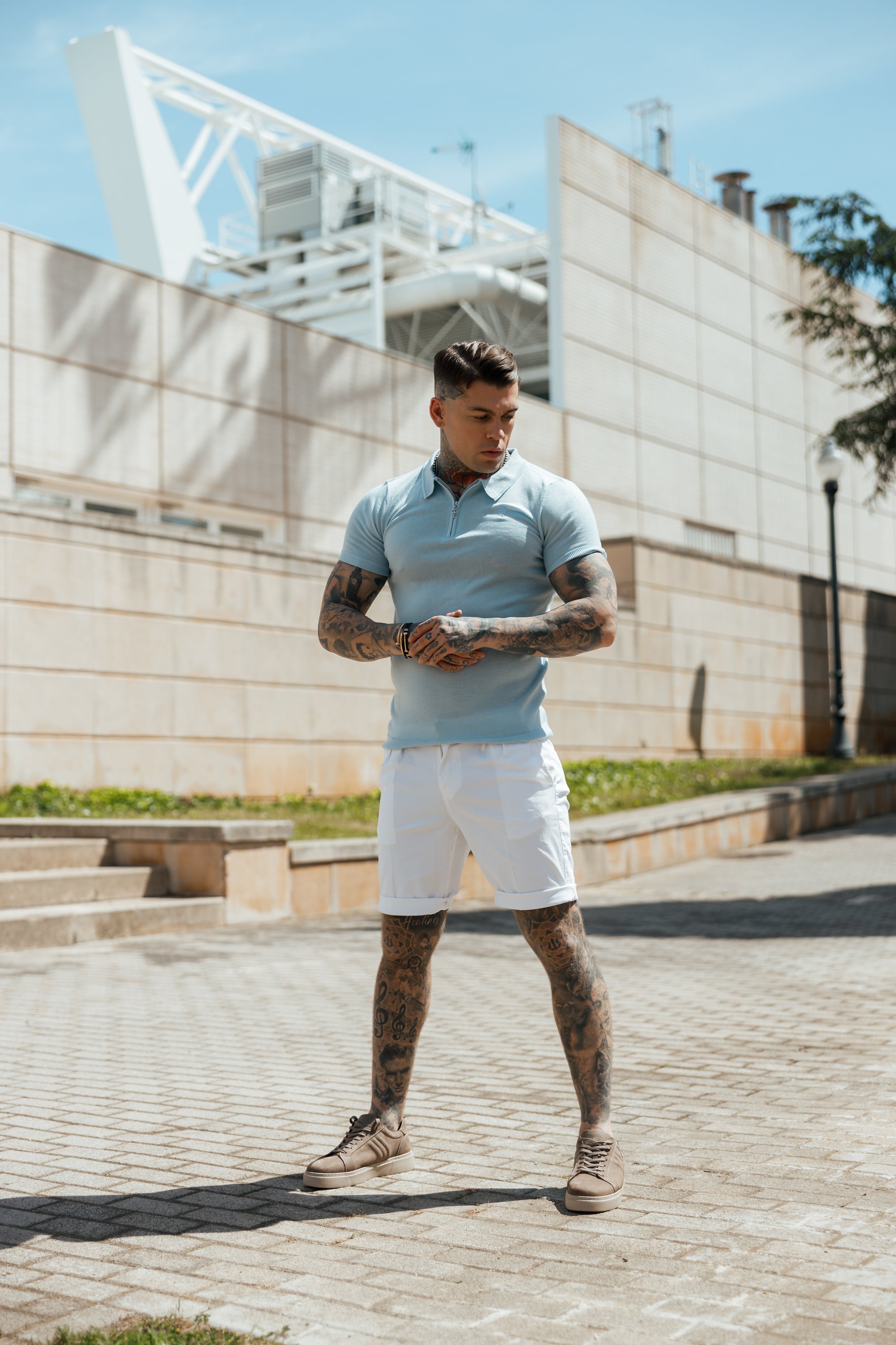 Classic Powder Blue Merino Wool Knitted Zip Polo Short Sleeve Jumper With FS Embroidery- FSN031