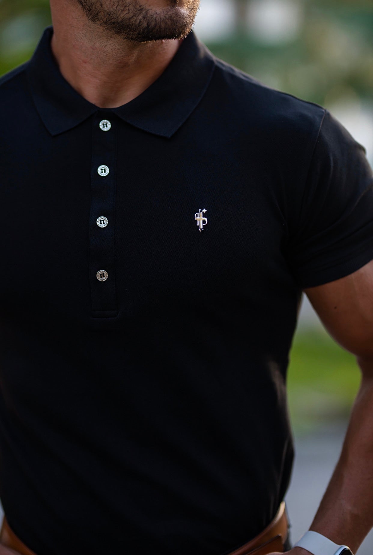 Classic Black Polo Shirt with Silver Metal Emblem Decal & Buttons - FSH459