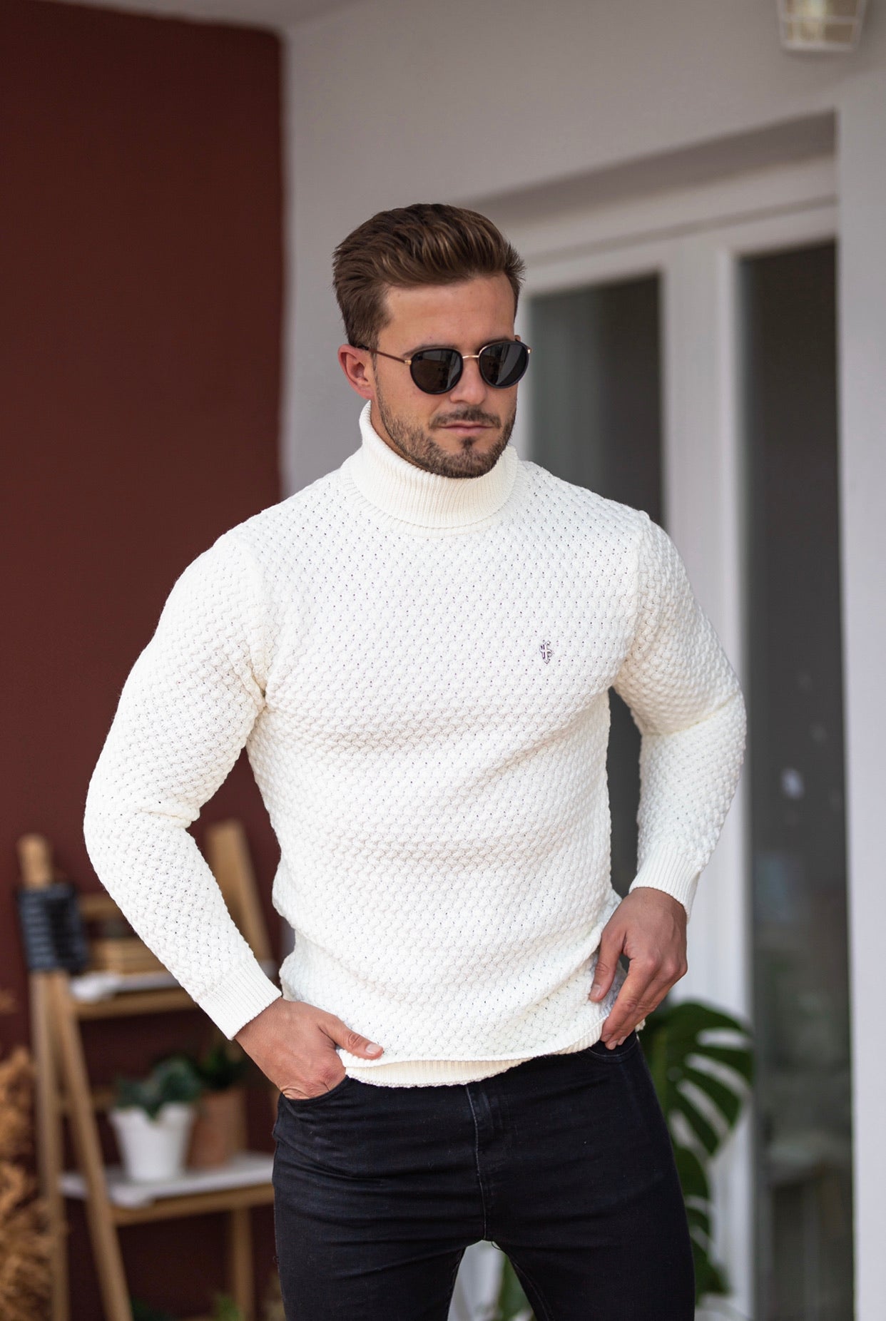 Cream Knitted Roll Neck Weave Super Slim Jumper With Metal Decal - FSJ026