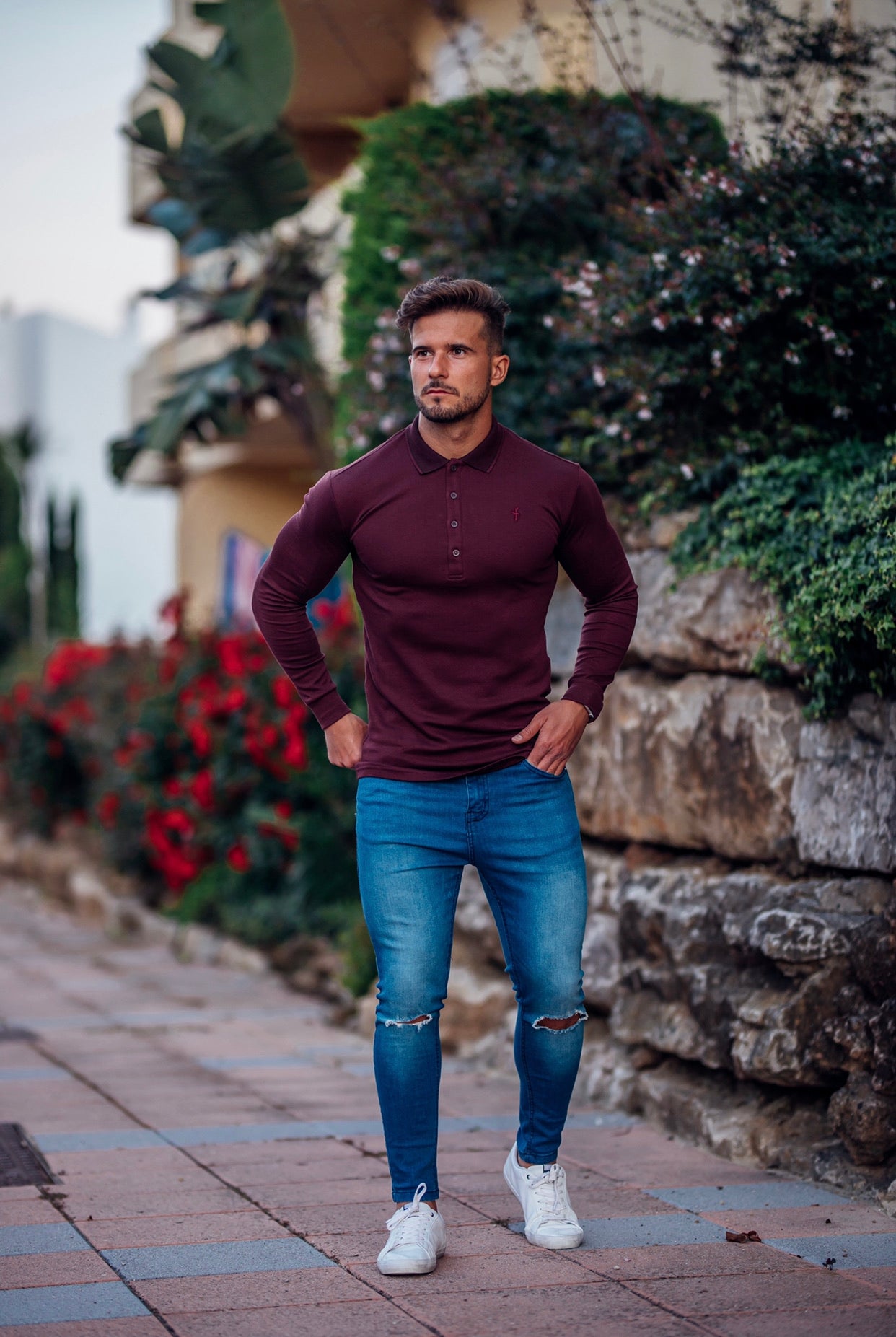 Classic Burgundy Pima Polo Shirt with Contrast Collar Long Sleeve - FSH431 (LAST CHANCE)