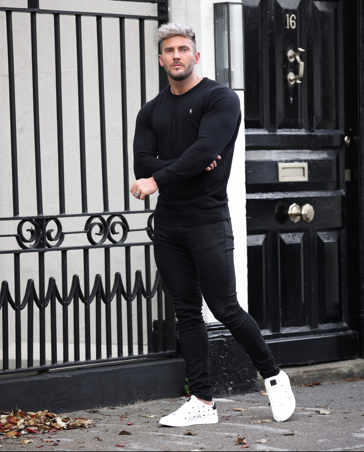 Classic Black Crew Neck Knitted Jumper with Gunmetal Emblem - FSH668