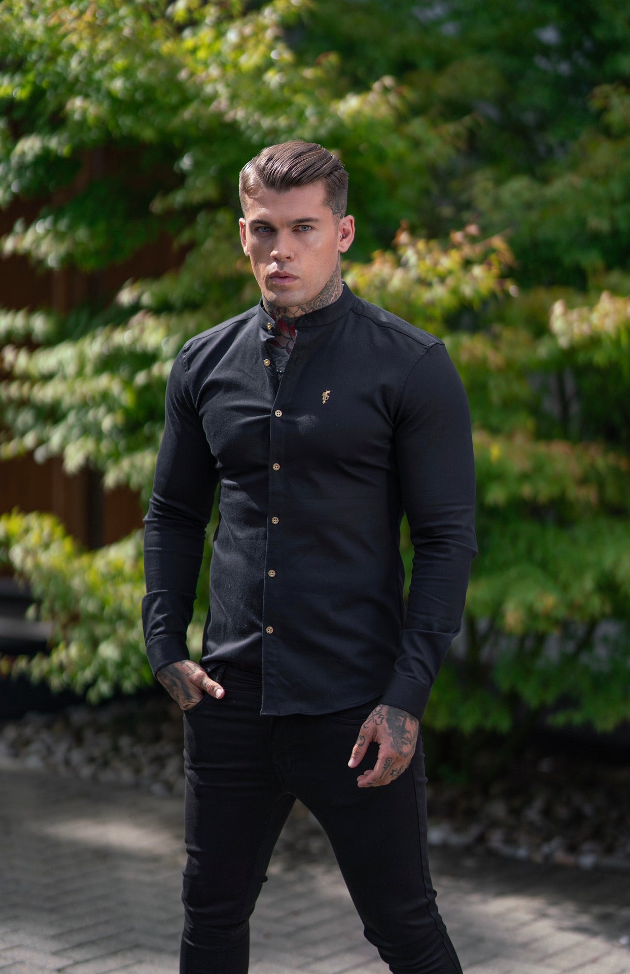 Super Slim Stretch Black Denim Long Sleeve Grandad collar with Metal Buttons and Decal Emblem - FS707