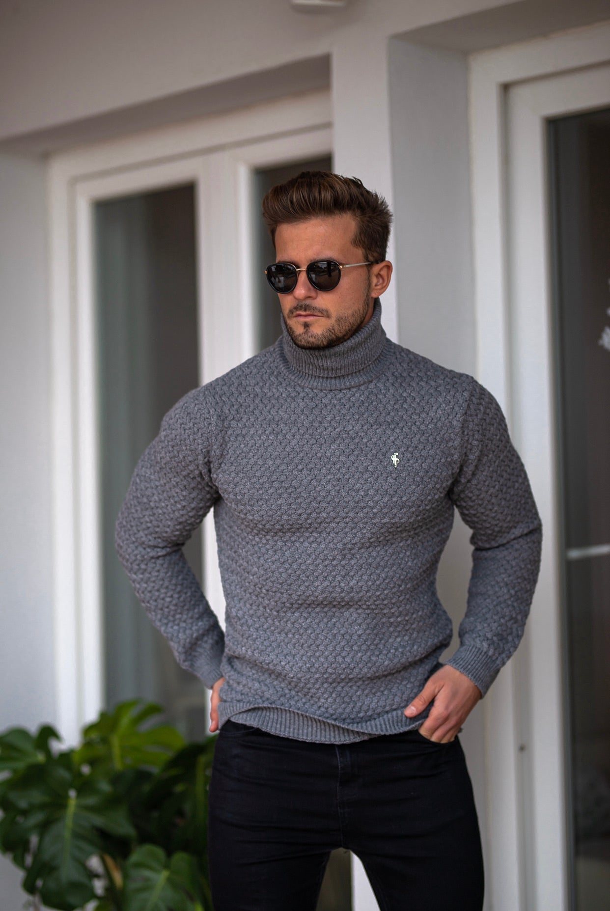 Charcoal Knitted Roll Neck Weave Super Slim Jumper With Metal Decal - FSJ027