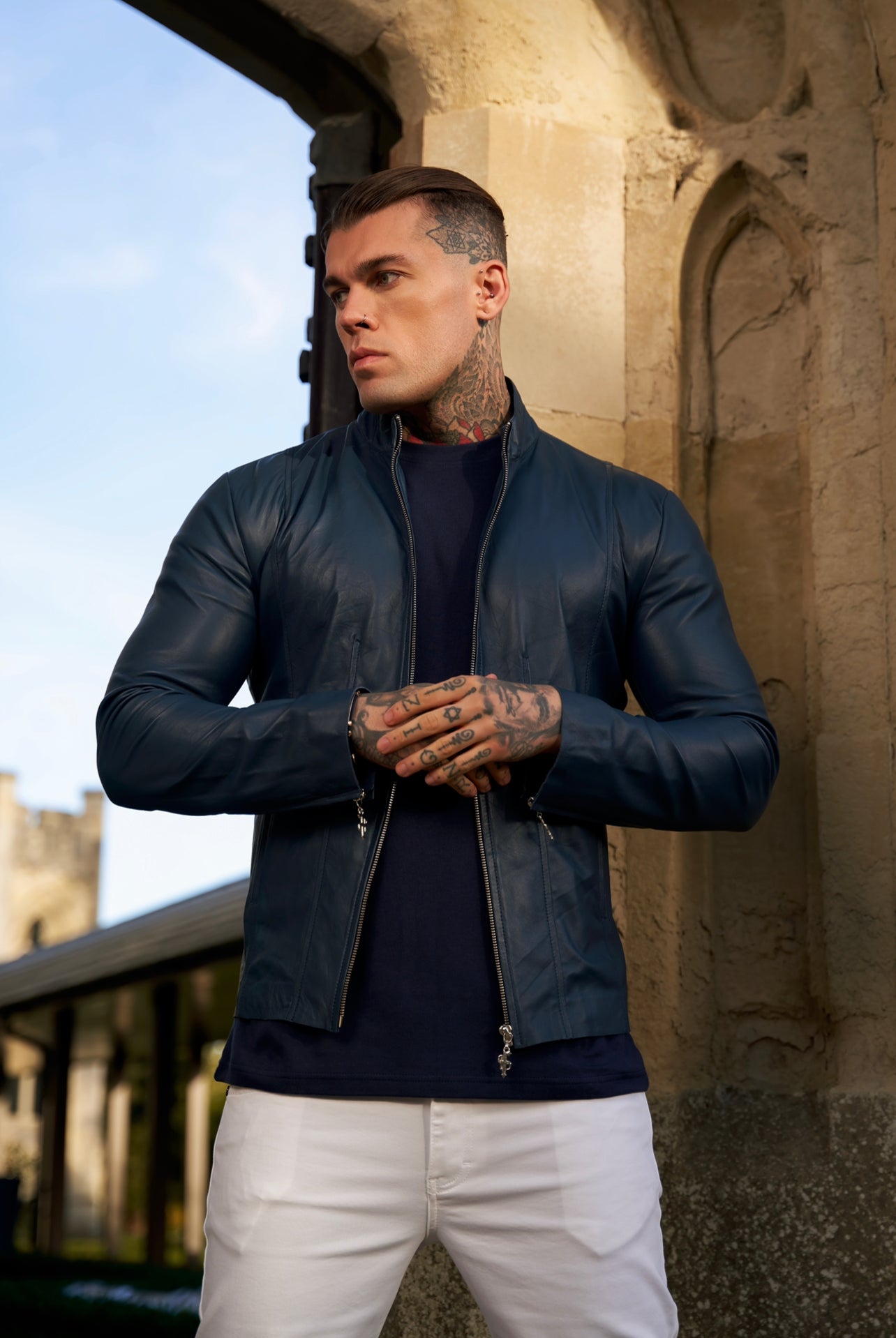 Navy Lambs Leather Jacket with Silver Zips - FSH790