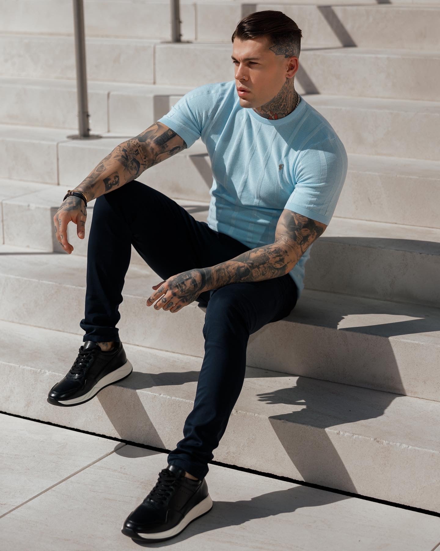 Classic Short Sleeve Baby Blue Knitted Wide Rib Crew with Silver Emblem - FSH739