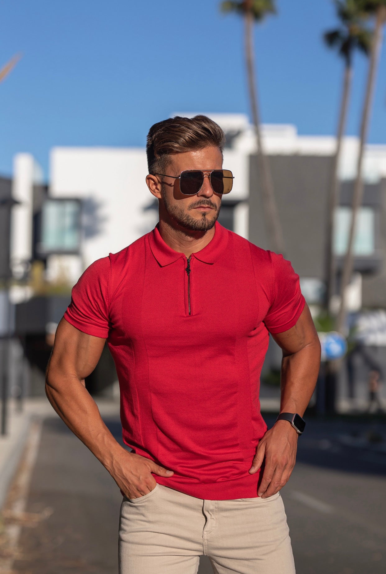 Classic Red and Black Zip Knitted Short Sleeve Polo - FSH467