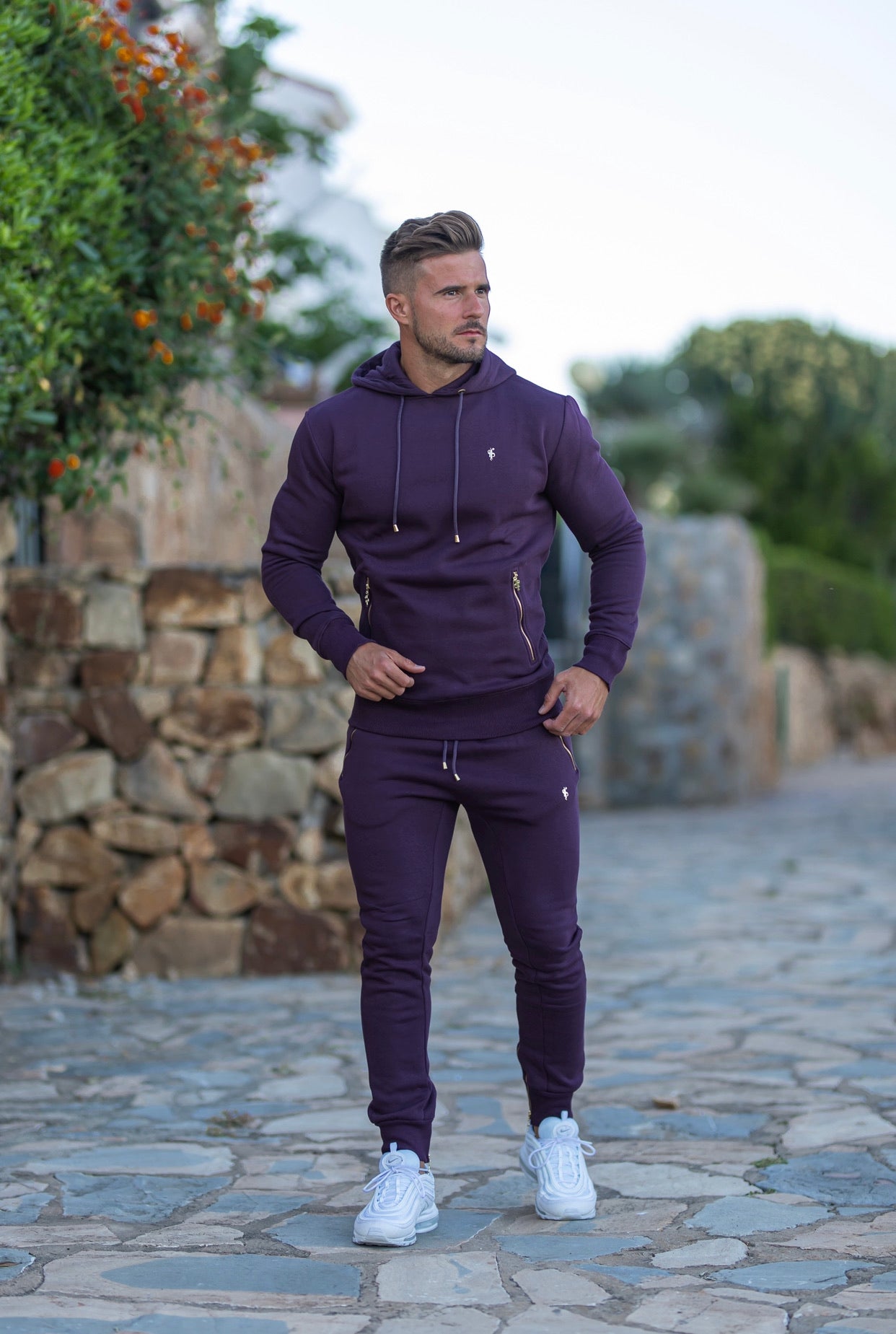 Plum / Purple & Gold Overhead Hoodie Top with Zipped Pockets - FSH485