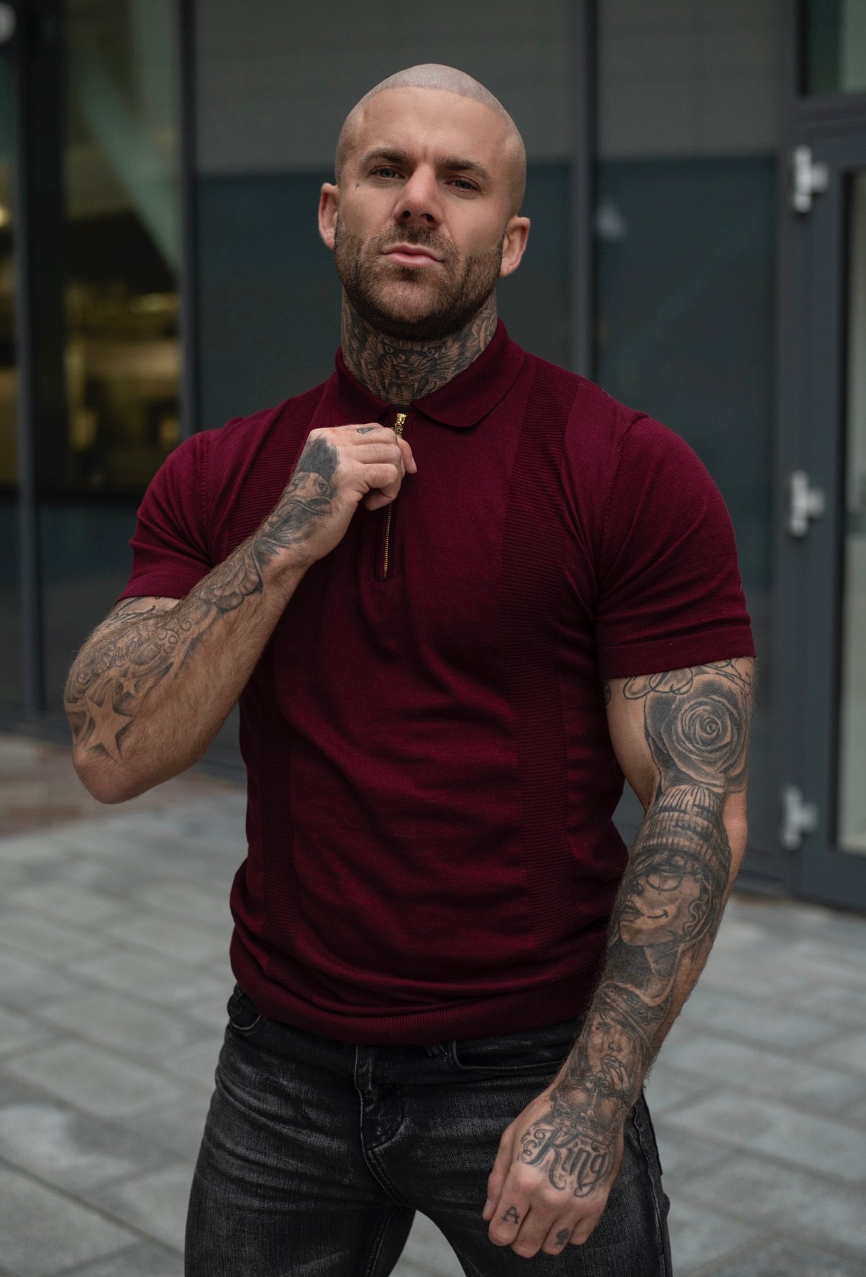Classic Fig Burgundy and Gold Zip Knitted Short Sleeve Polo - FSH466