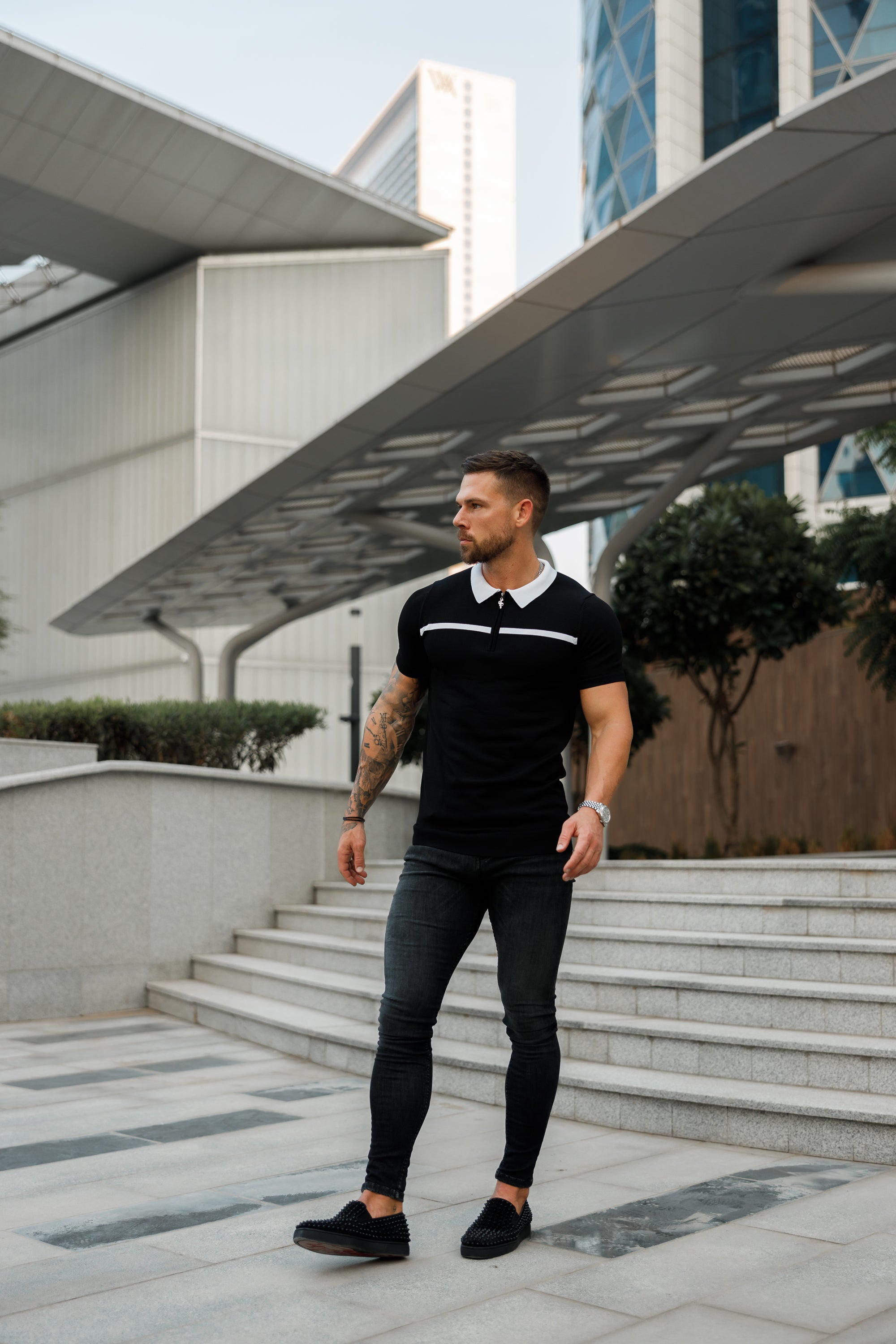 Classic Black / White Horizontal Stripe Zipped Polo Short Sleeve - FSN038