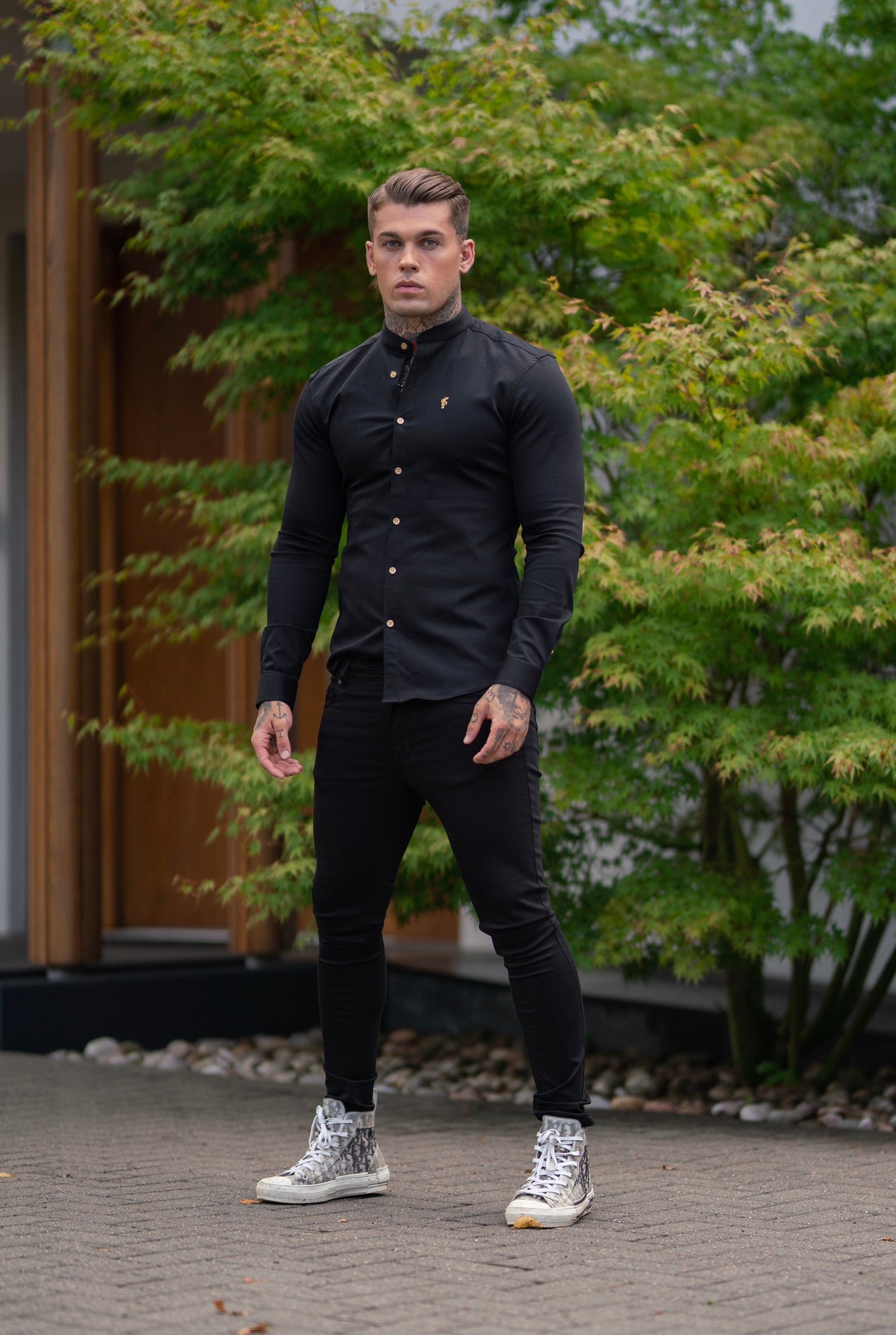 Super Slim Stretch Black Denim Long Sleeve Grandad collar with Metal Buttons and Decal Emblem - FS707
