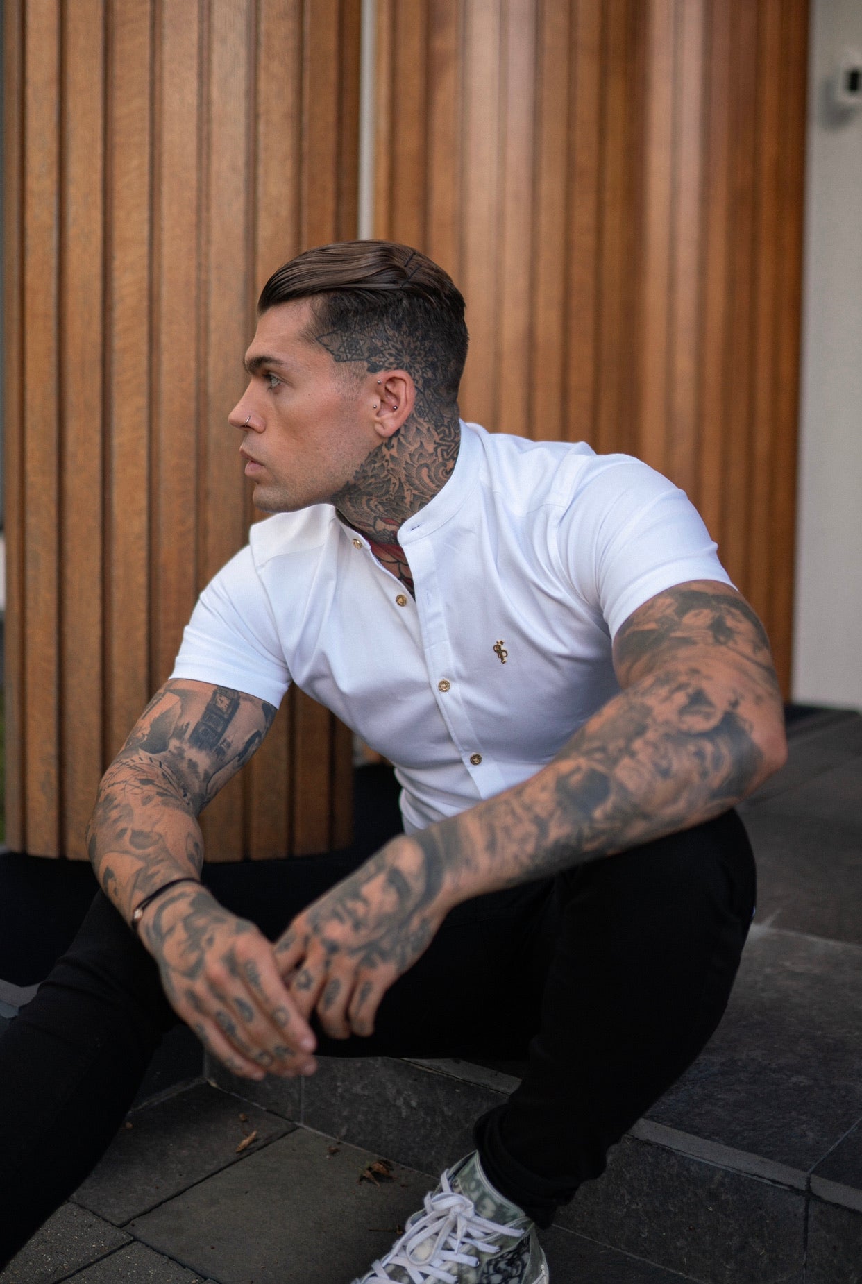 Super Slim Stretch White Denim Short Sleeve Grandad collar with Metal Buttons and Decal Emblem - FS720