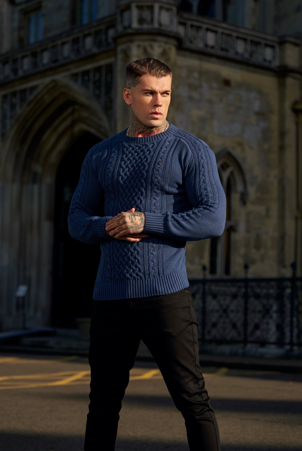 Navy Knitted Cable Saddle Crew Super Slim Jumper With Metal Decal - FSN074