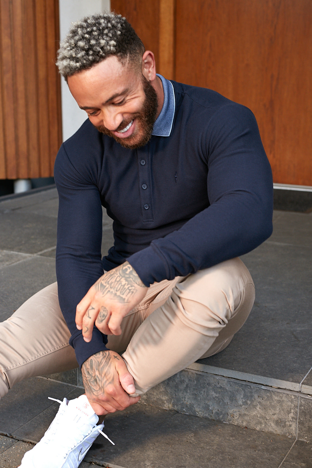 Classic Navy Honeycomb Textured Polo Shirt with Contrast Collar Long Sleeve - FSH425