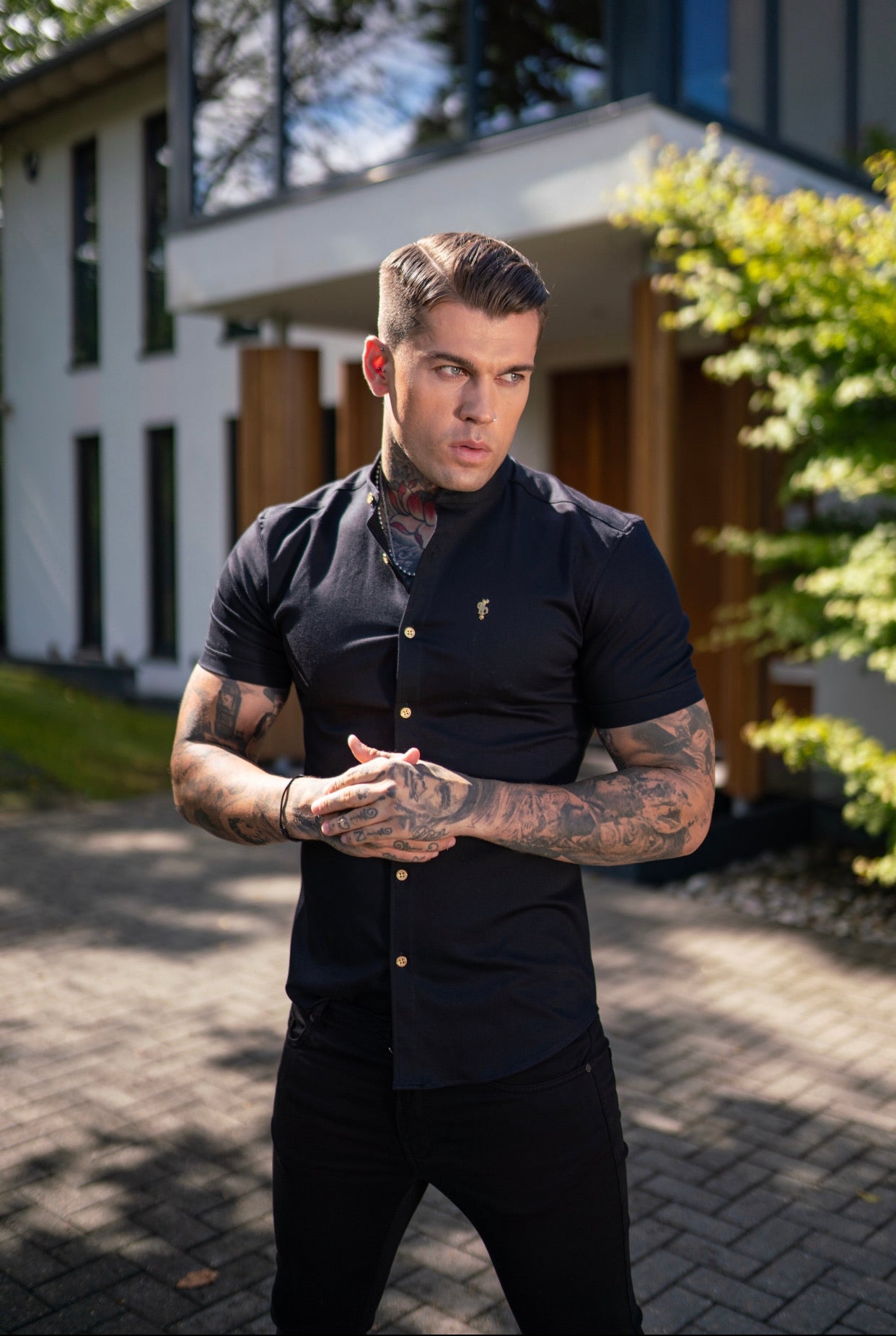 Super Slim Stretch Black Denim Short Sleeve Grandad collar with Metal Buttons and Decal Emblem - FS708