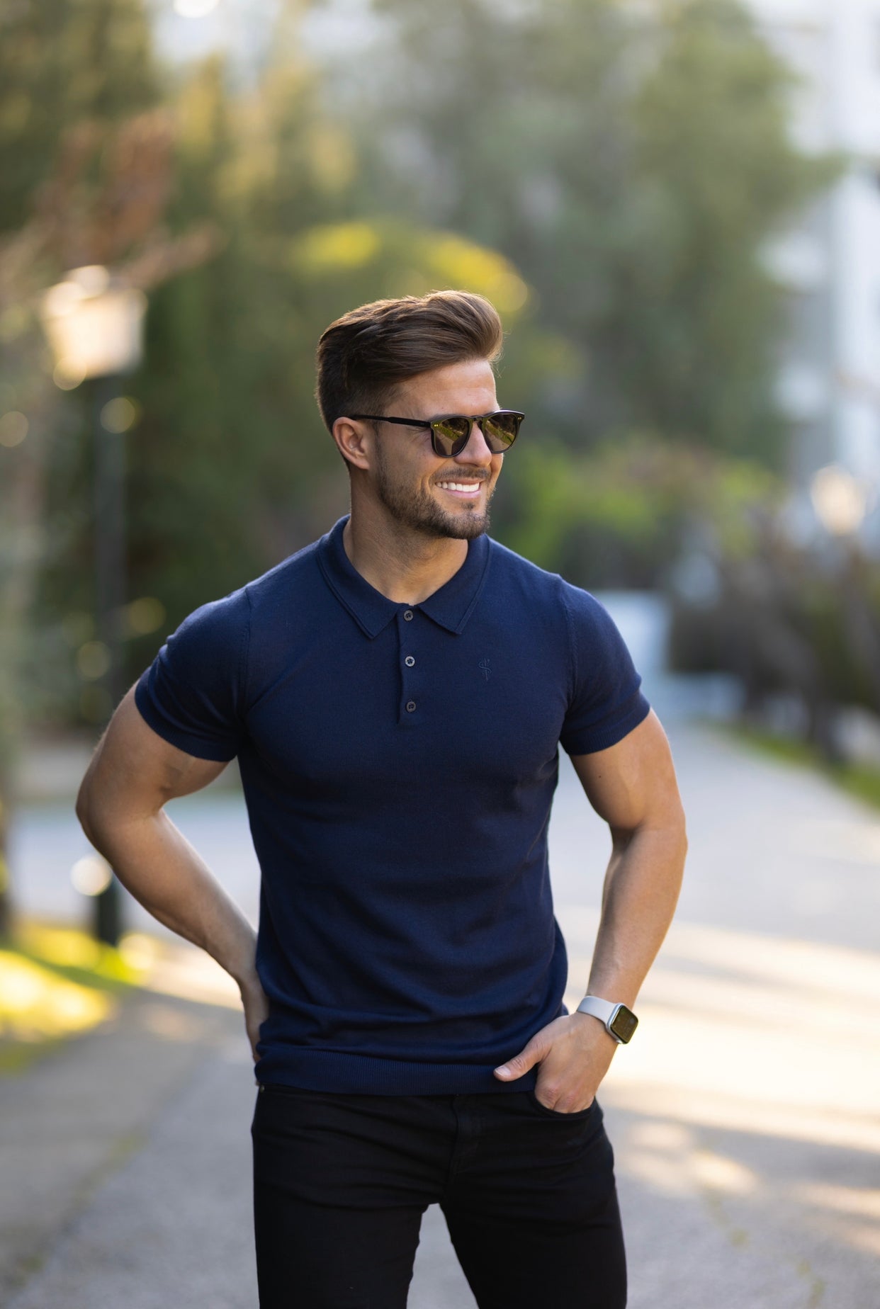 Classic Navy Merino Wool Knitted Polo Jumper Short Sleeve With FS Embroidery- FSN026