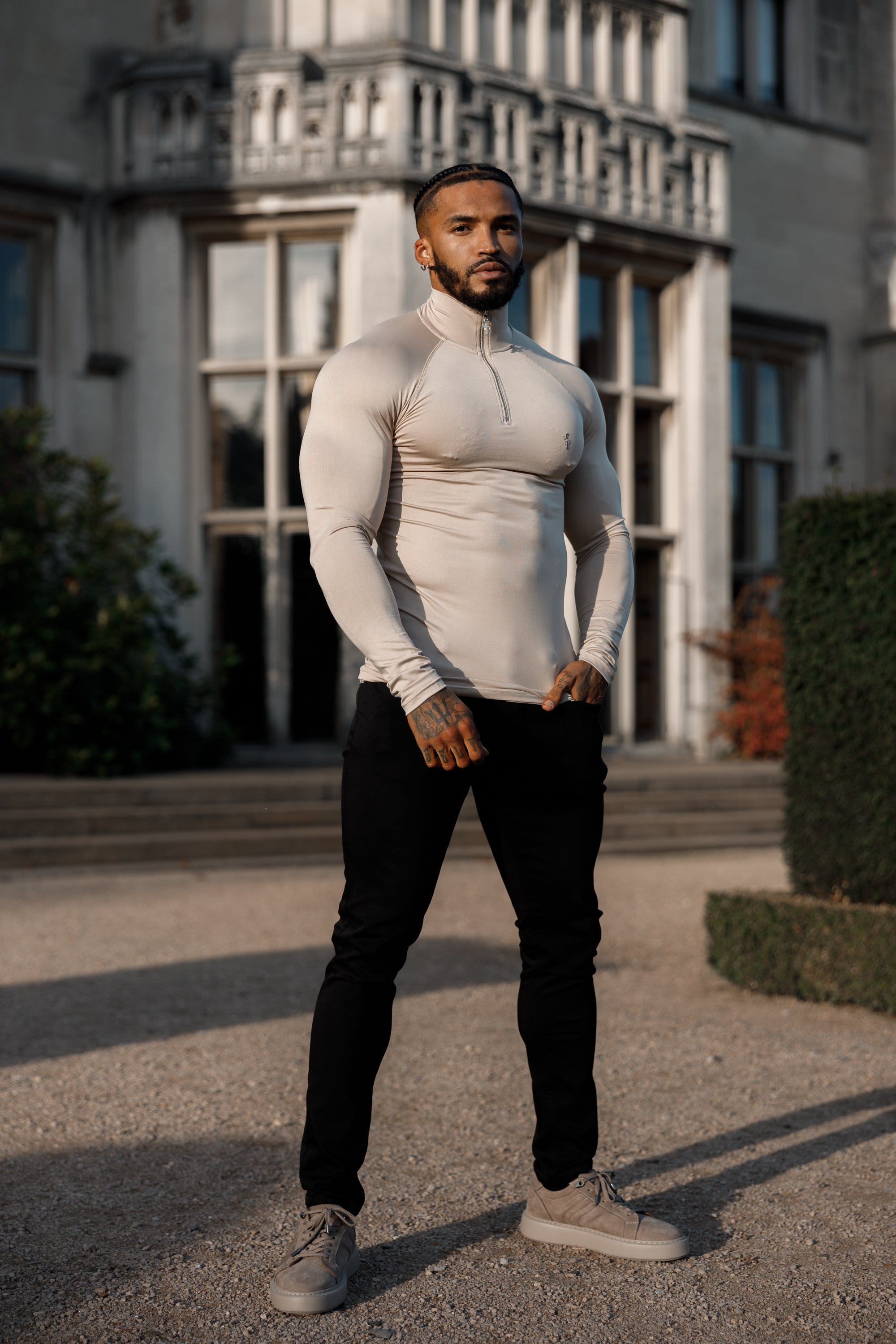 Long Sleeve Beige Half Zip Gym Top - FSH749
