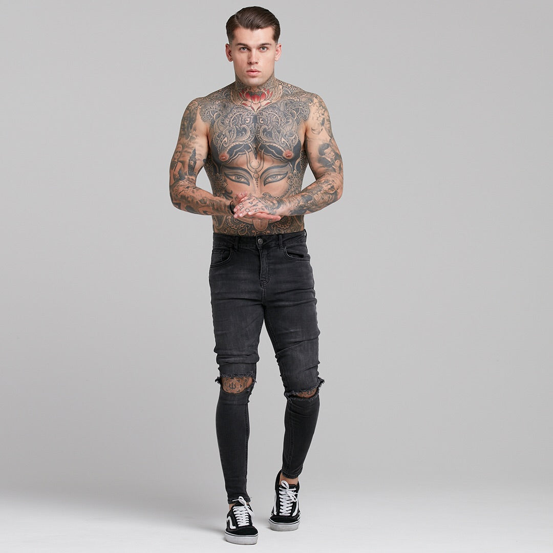 Stretch Washed Black Ripped Tapered Ankle Skinny Jeans - FSH227
