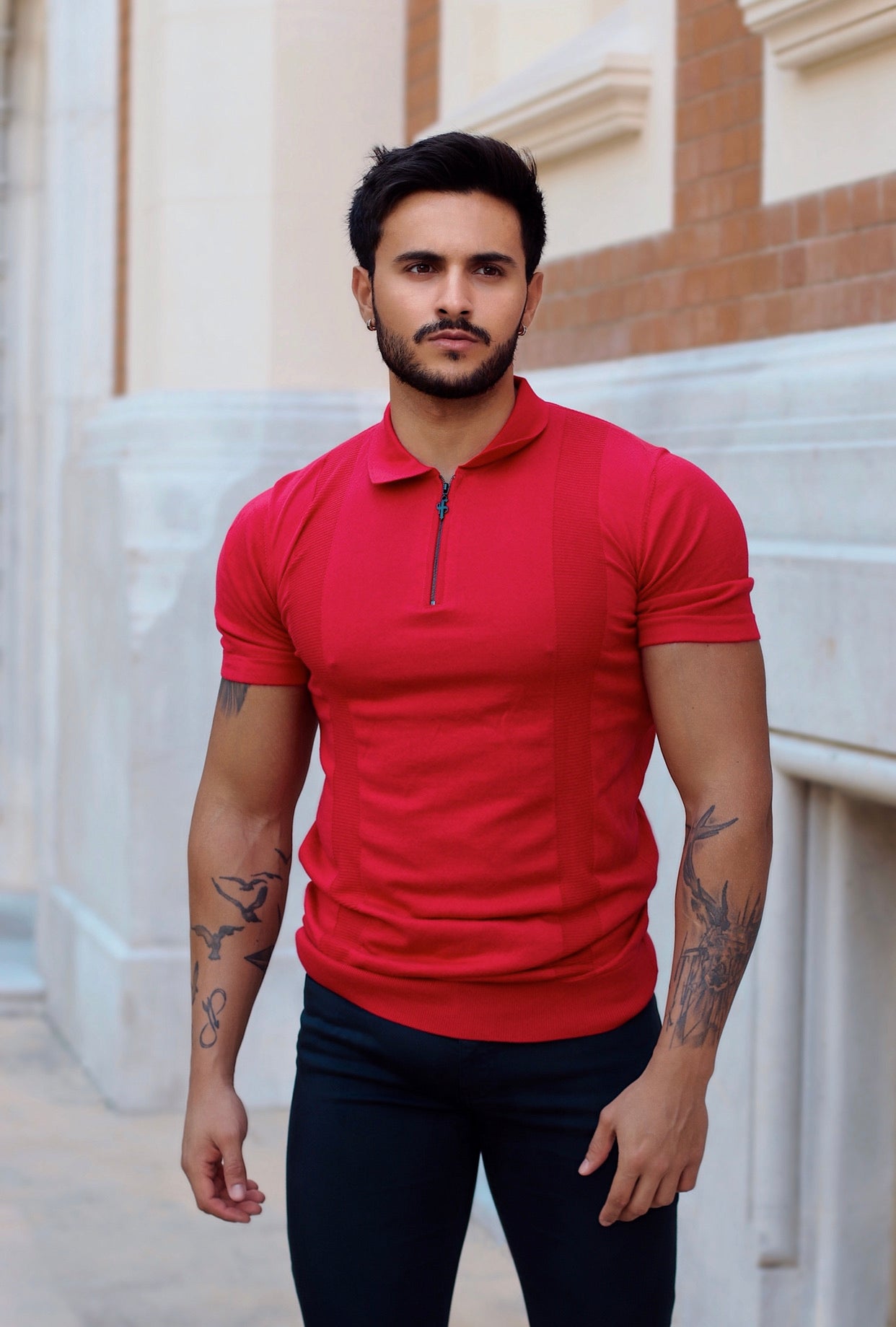 Classic Red and Black Zip Knitted Short Sleeve Polo - FSH467