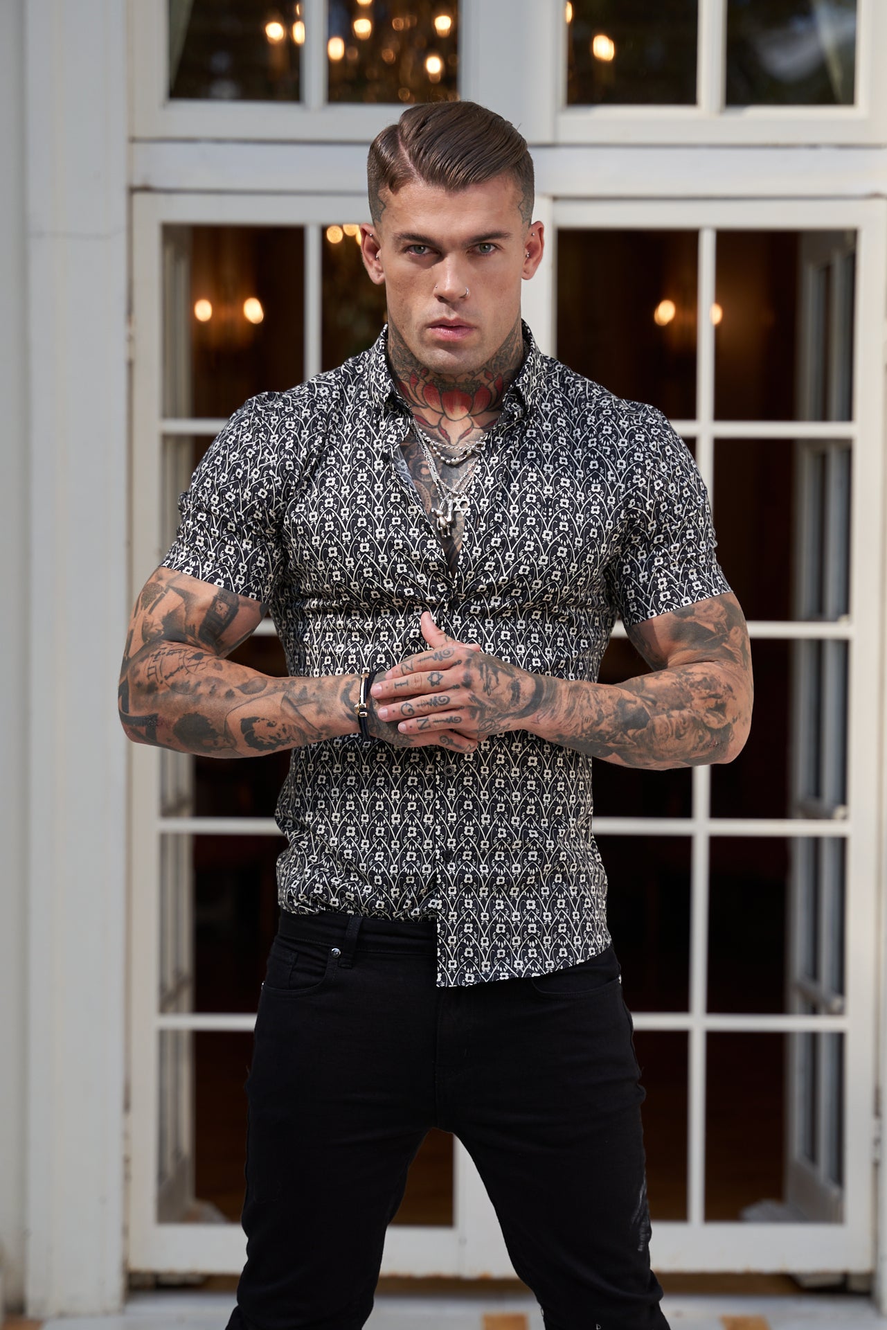 Super Slim Stretch Black and Ecru Geo Flower Print Short Sleeve with Button Down Collar - FS787