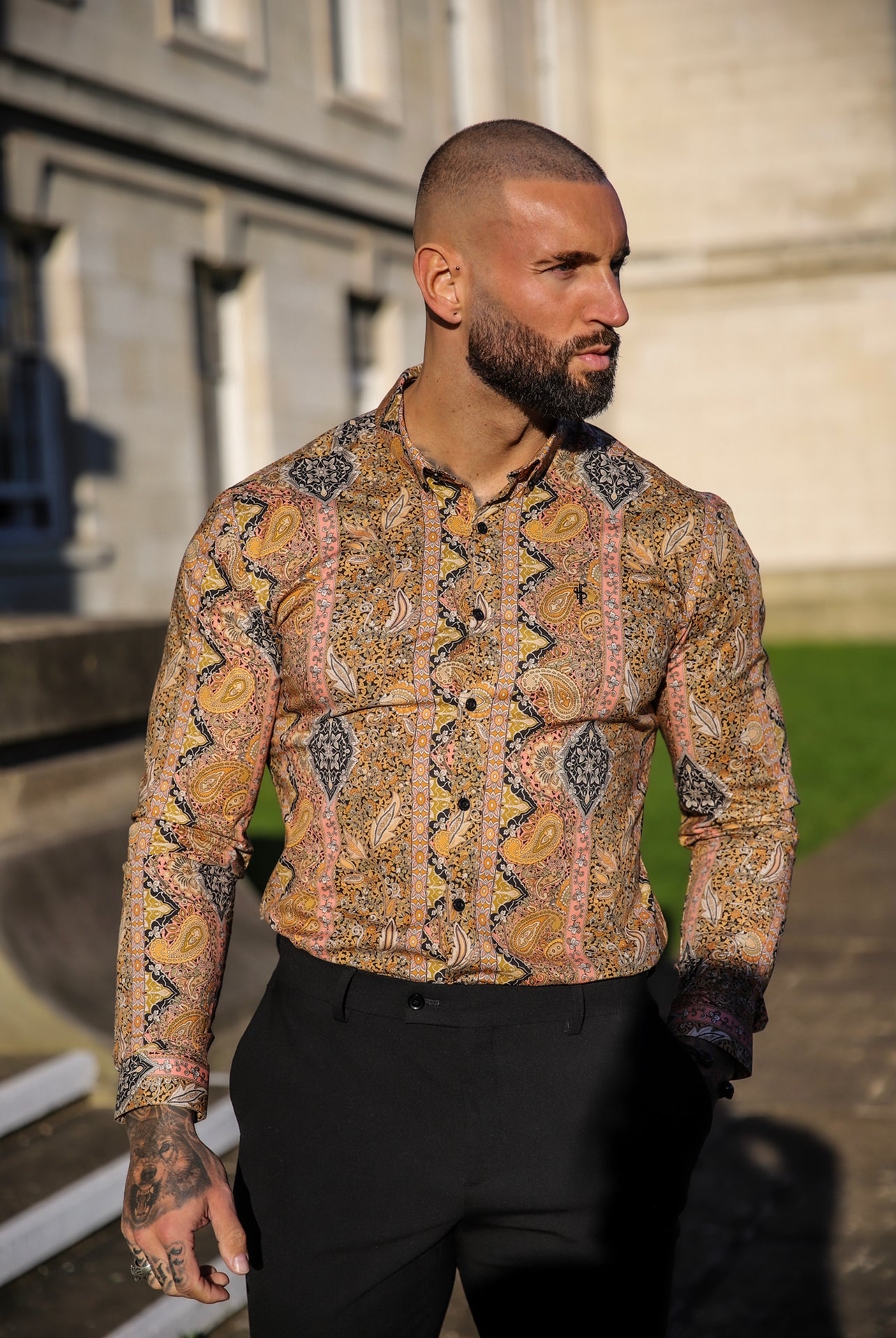 Super Slim Stretch Tan Paisley Print Long Sleeve with Button Down Collar - FS892