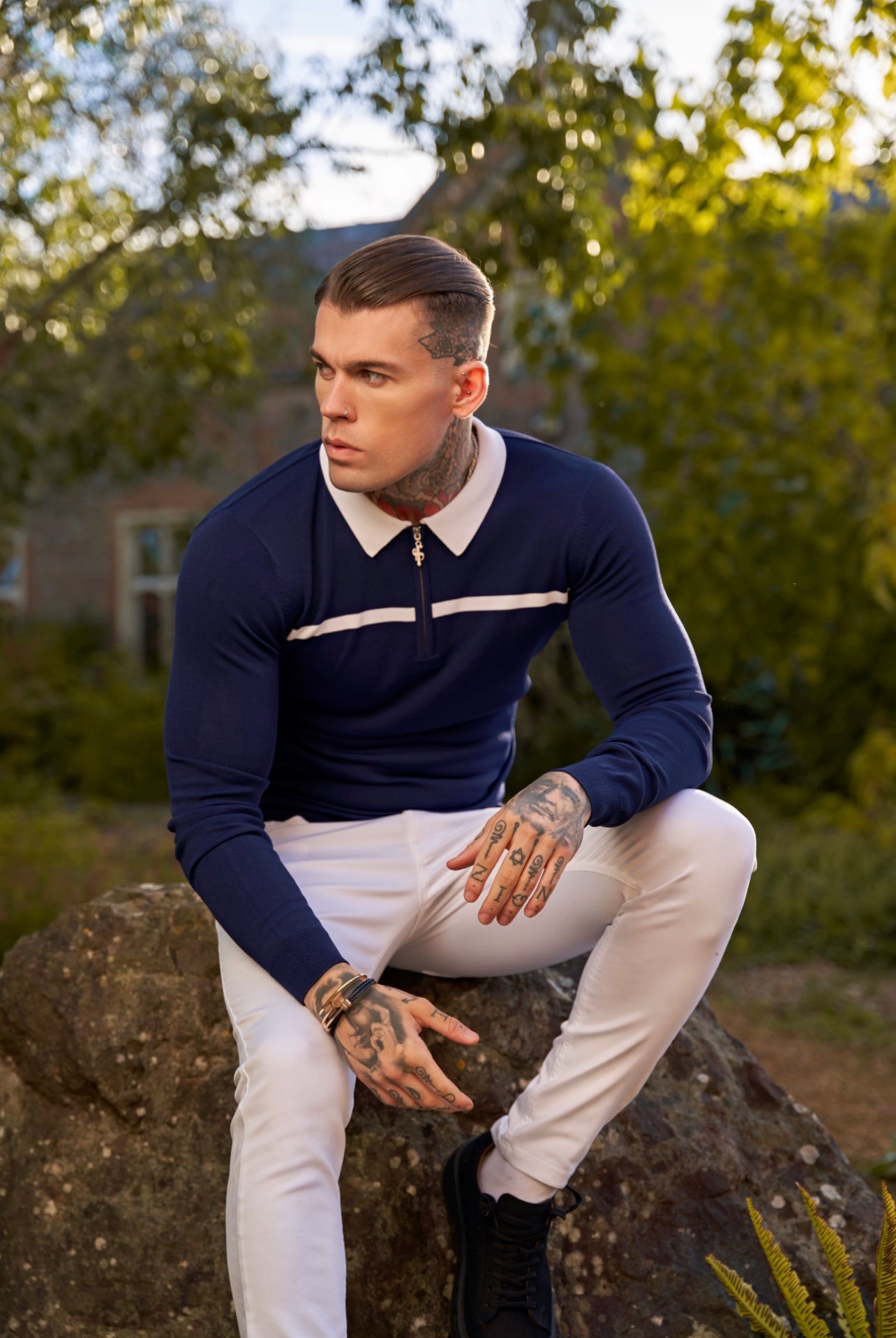 Classic Navy / White Horizontal Stripe Zipped Polo Long Sleeve - FSN048
