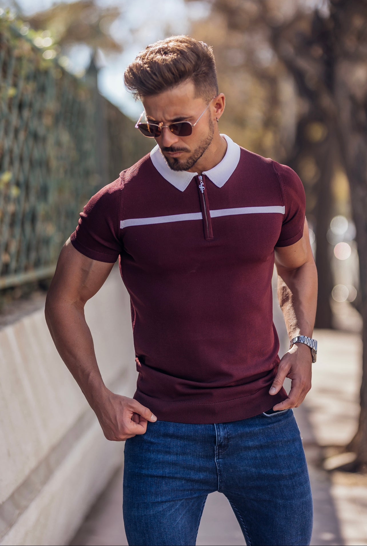 Classic Burgundy / White Horizontal Stripe Zipped Polo Short Sleeve - FSN045