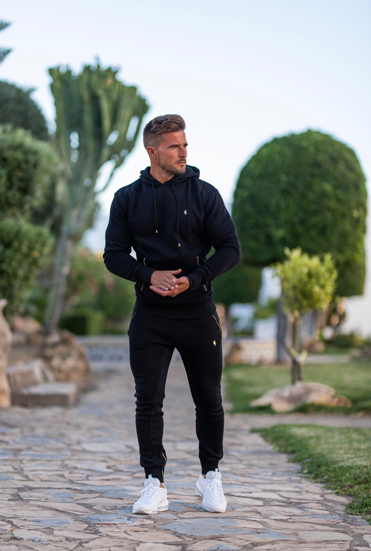 Black & Gold Overhead Hoodie Top with Zipped Pockets - FSH472