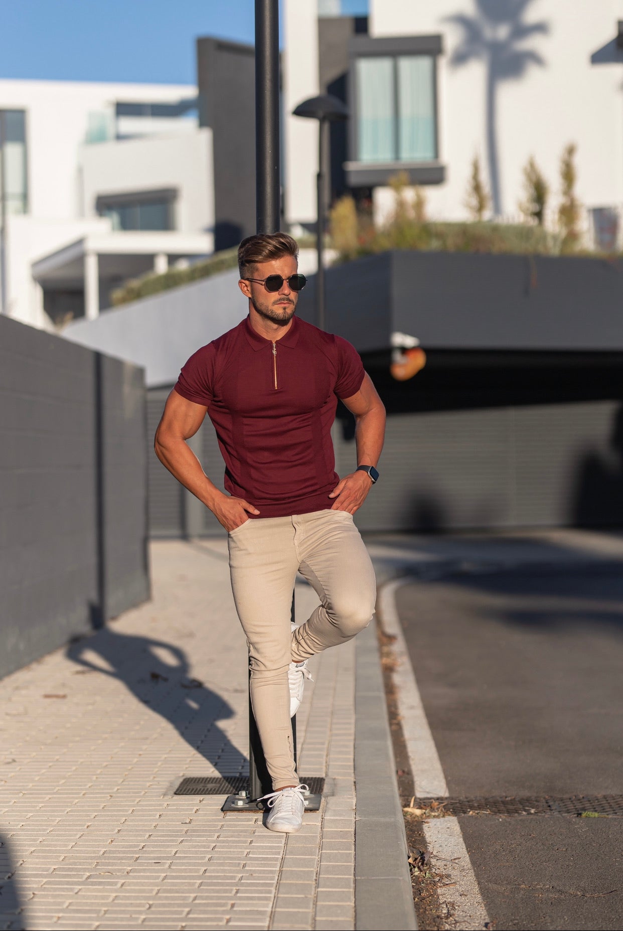 Classic Fig Burgundy and Gold Zip Knitted Short Sleeve Polo - FSH466