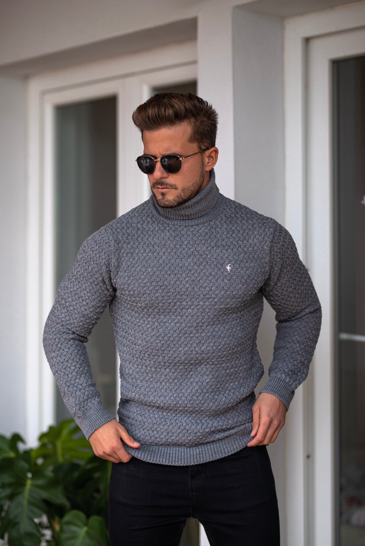 Charcoal Knitted Roll Neck Weave Super Slim Jumper With Metal Decal - FSJ027
