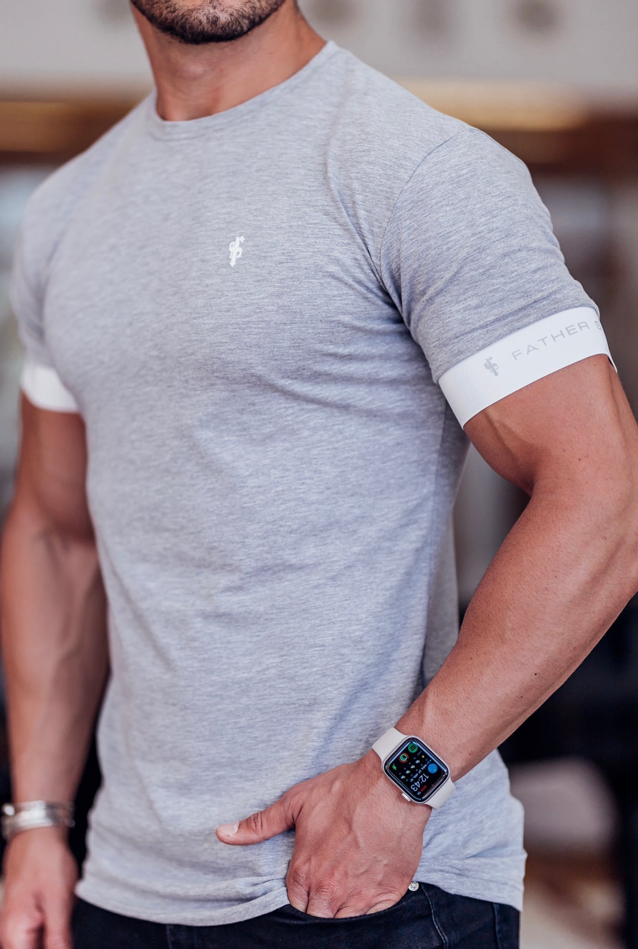 Classic Light Grey Crew T Shirt with FS Elastic Sleeve Branding - FSH624