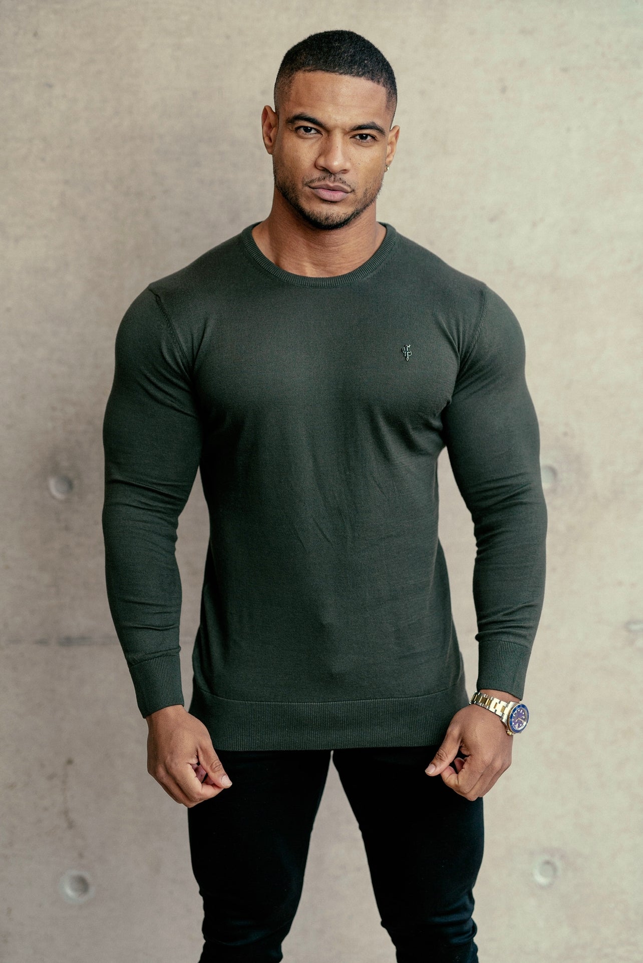 Classic Khaki Light Weight Knitted Crew Neck with Metal Decal - FSN090