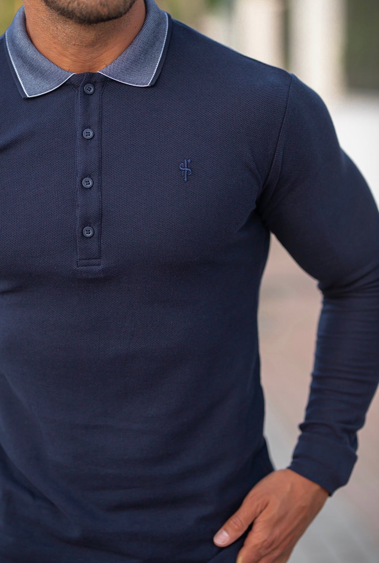 Classic Navy Honeycomb Textured Polo Shirt with Contrast Collar Long Sleeve - FSH425